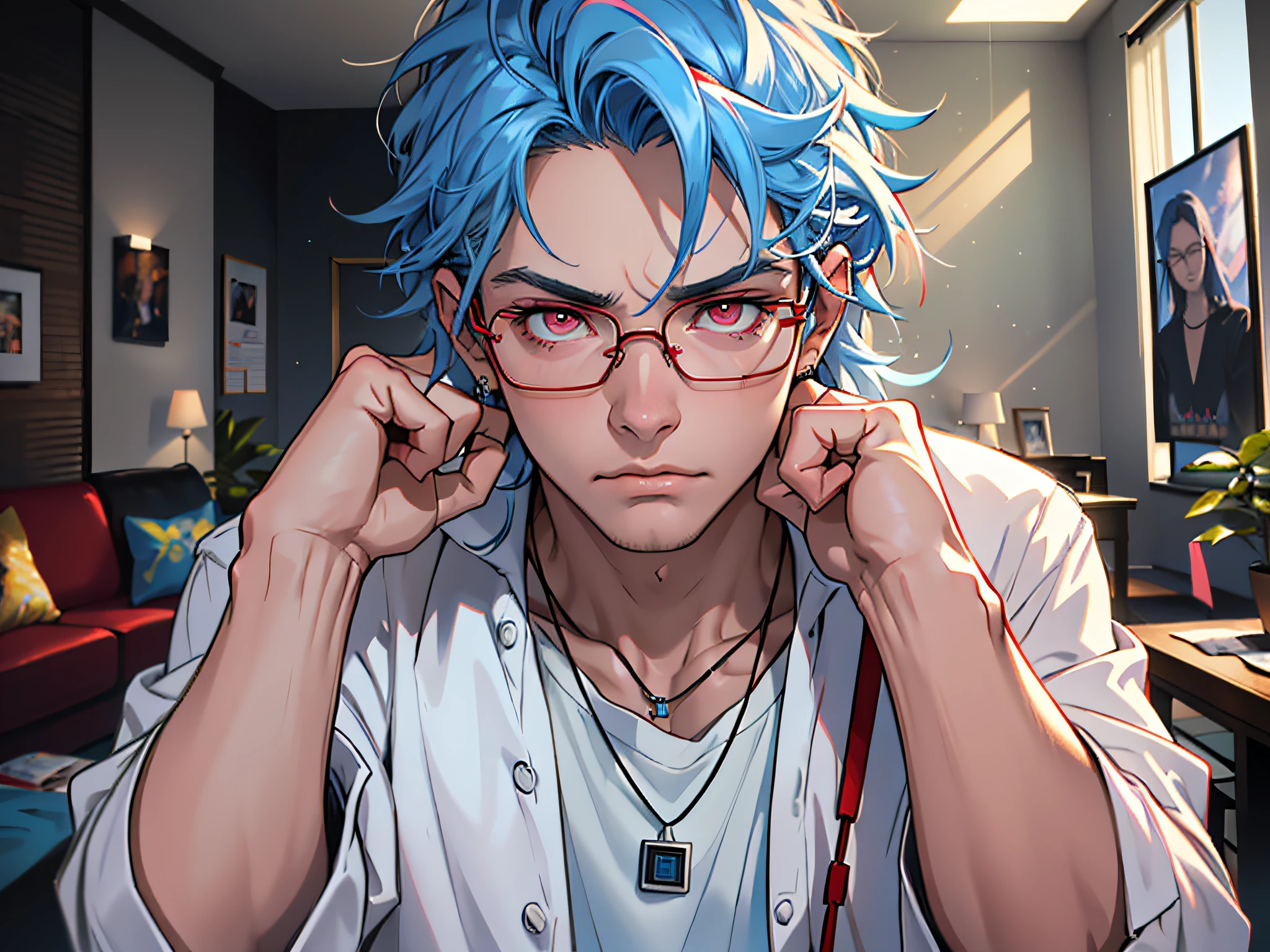 (Masterpiece, Best Quality, Ridiculous), Film Lighting, Best Quality, Ultra Detailed, Masterpiece, Fine Lines,, 1 Man: 20 years old, Detailed eyes, Blue hair color head style, Red eyes, White coat, Pink T-shirt, Black glasses, Jewelry, Necklace, Glowing Eyes, Light, (color), Upper body, Anger, Indoor, Living room, Accusation