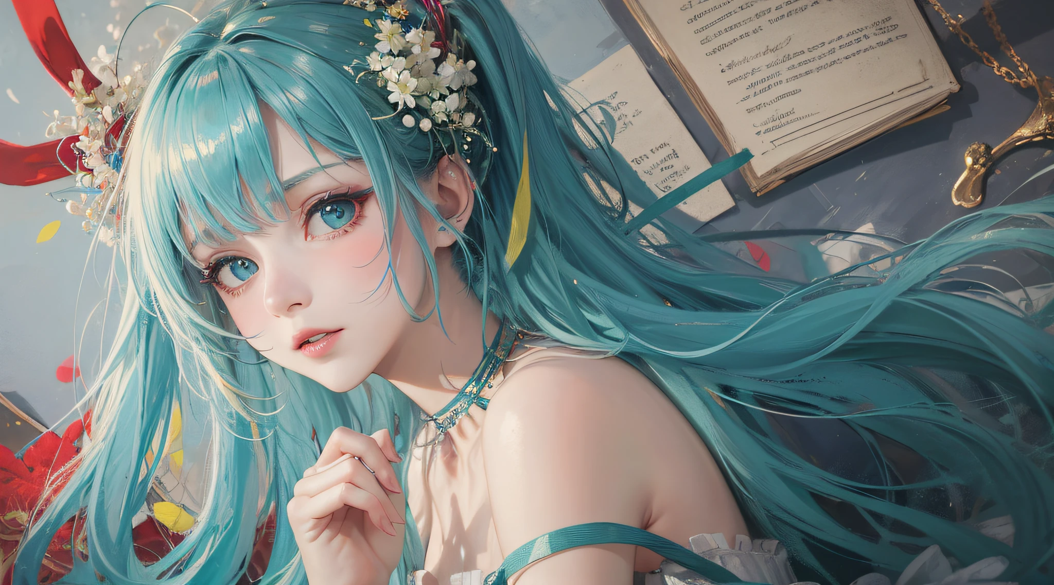 1, masterpiece, dreamy, complex details, studio photography, cinematic light, high brightness, depth of field, bright, light, pastel, colorful, vibrant, bright, sunny, bright and vibrant, high-key, vivid, depth of field,
1 girl, (Hatsune Miku: 1.5), long hair, shiny hair, upper body, bright particles, green glowing note hair clip flowers, blue eyes, bright ornaments, red tattoo (00 on the shoulder), strap slip, blue hair, hands on their own cheeks, solo girl (1.5), Hatsune Miku, high quality, high resolution,