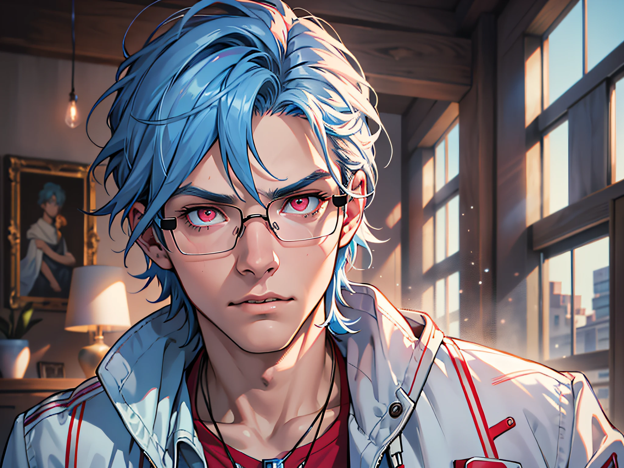 (Masterpiece, Best Quality, Ridiculous), Film Lighting, Best Quality, Ultra Detailed, Masterpiece, Fine Lines,, 1 Man: 20 years old, Detailed eyes, Blue hair color head style, Red eyes, White coat, Pink T-shirt, Black glasses, Jewelry, Necklace, Glowing Eyes, Light, (color), Upper body, Anger, Indoor, Living room, Accusation