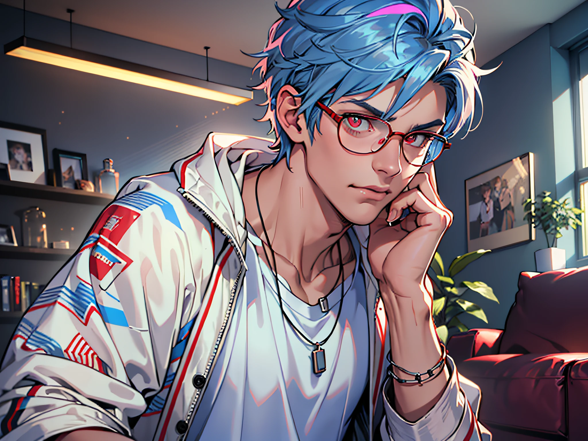 (Masterpiece, Best Quality, Ridiculous), Film Lighting, Best Quality, Ultra Detailed, Masterpiece, Fine Lines,, 1 Man: 20 years old, Detailed eyes, Blue hair color head style, Red eyes, White coat, Pink T-shirt, Black glasses, Jewelry, Necklace, Glowing Eyes, Light, (color), Upper body, Anger, Indoor, Living room, Accusation