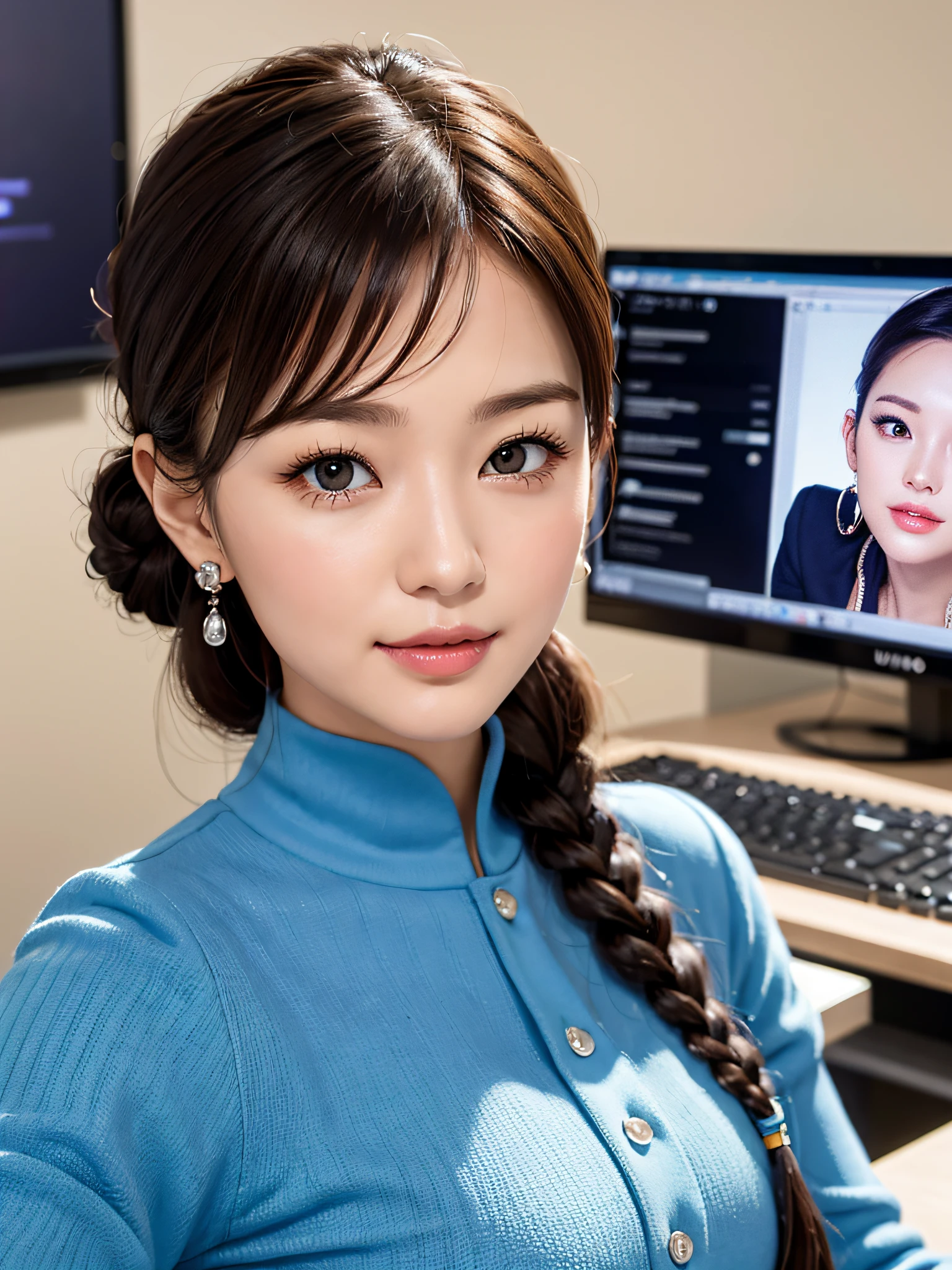 masterpiece, (best quality),extremely detailed,highres,(((highly detailed,ultra-detailed))),photorealistic, solo,a office lady standing in front of the computer,hairstyle, (mature:1.2),28 years old,round cheeks, round chin,beautiful face, Chinese beauty,black eyes,sexy, light smile, closed mouth, looking at viewer,see-through,hair_tied,