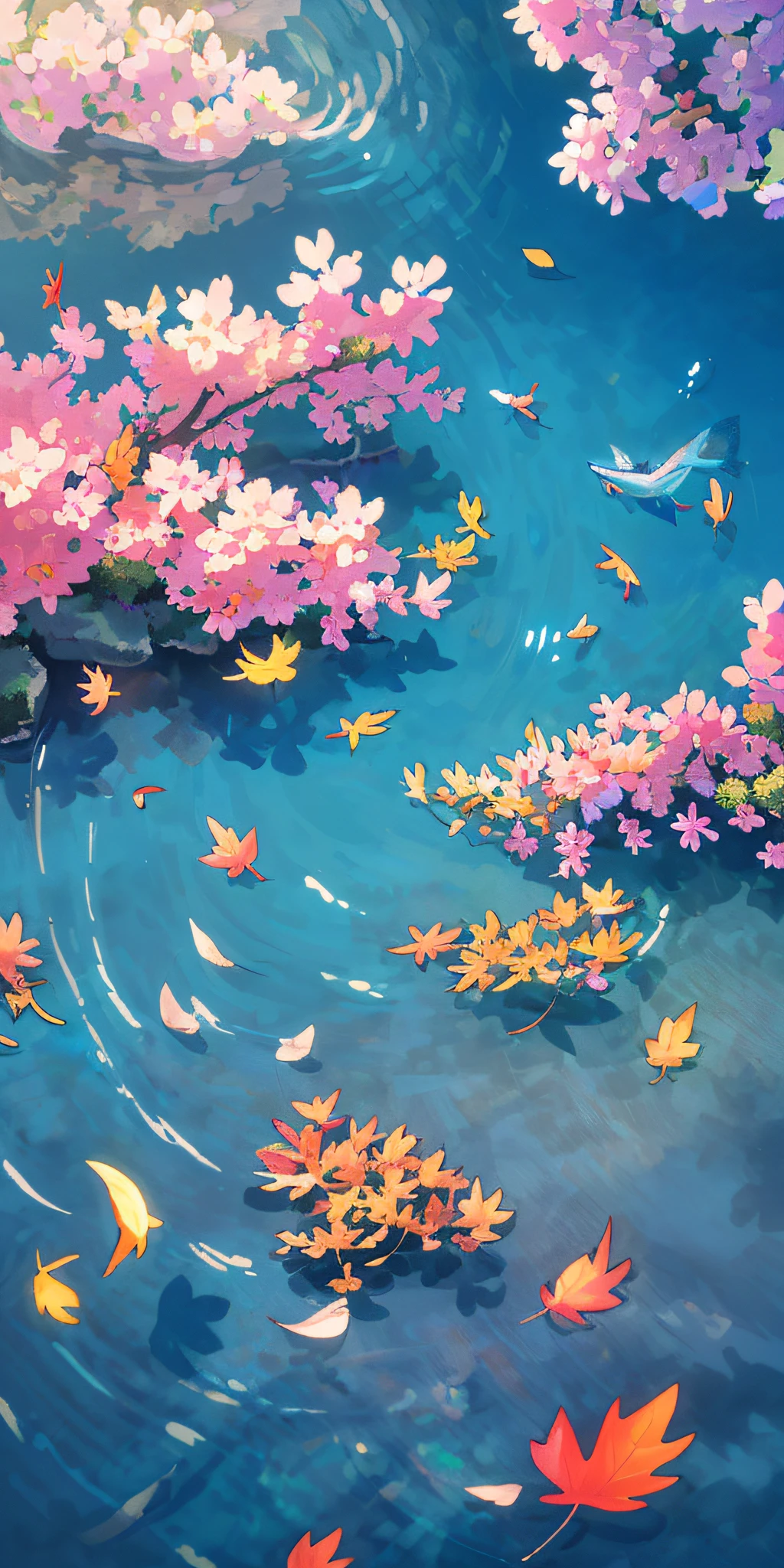 Masterpiece, best quality, (very detailed CG Unity 8k wallpaper) (best quality), (best illustration), (best shade) nature', blue sea, fish swim by, delicate leaves of various colors fall in air light tracking, super detailed --v6