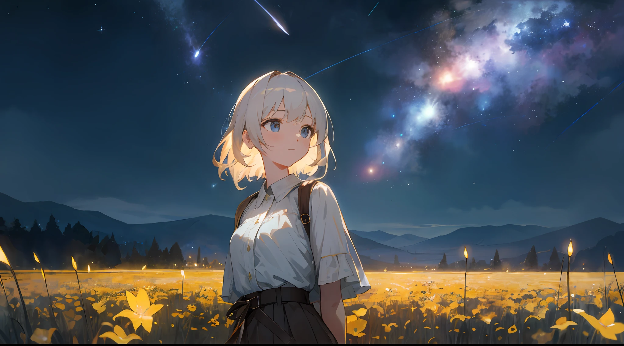 Medium shot, medium shot, depth of field, upper body, cowboy shot, movie angle, masterpiece, best quality, super detailed, CG, 8K wallpaper, super wide lens, pretty face, delicate eyes, face enhancement, a woman, solo, arms behind back, standing on a flower field, open field, shooting star, nebula, distant mountains, trees, fireflies, lamps, luminous lighting, atmospheric lighting, dreamy, magical