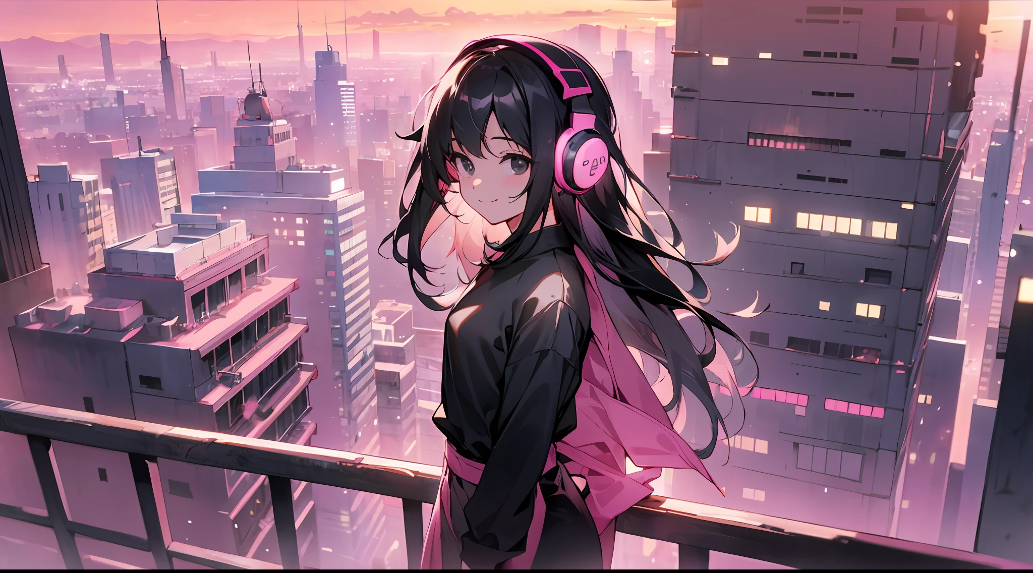 cowboy shot, depth of field, perspective, cinematic angle, masterpiece, best quality, super detailed, arms behind back, smile, a girl, long black hair, black eyes, black shirt, headphones, sideways, standing on the roof, rooftop, pink sunset, pink sky sunset, distant city