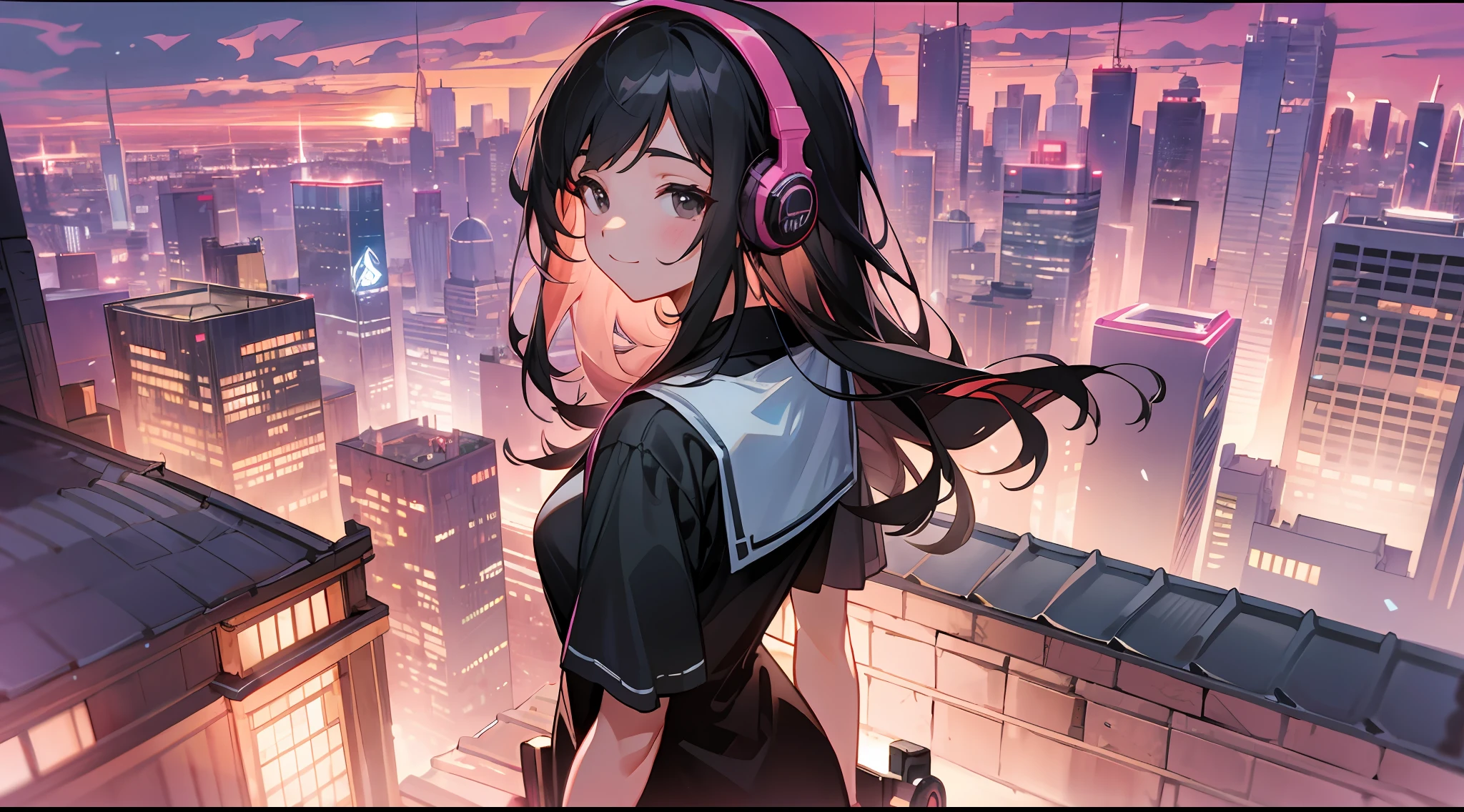 cowboy shot, upper body, far view, panorama, wide angle lens, depth of field, perspective, cinematic angle, arms behind back, masterpiece, best quality, super detailed, CG, 8K wallpaper, pretty face, delicate eyes, smile, a beautiful woman, solo, long black hair, black eyes, black shirt, headphones, sideways, standing on the roof, rooftop, pink sunset, beautiful sunset, pink sky sunset, distant city, city view