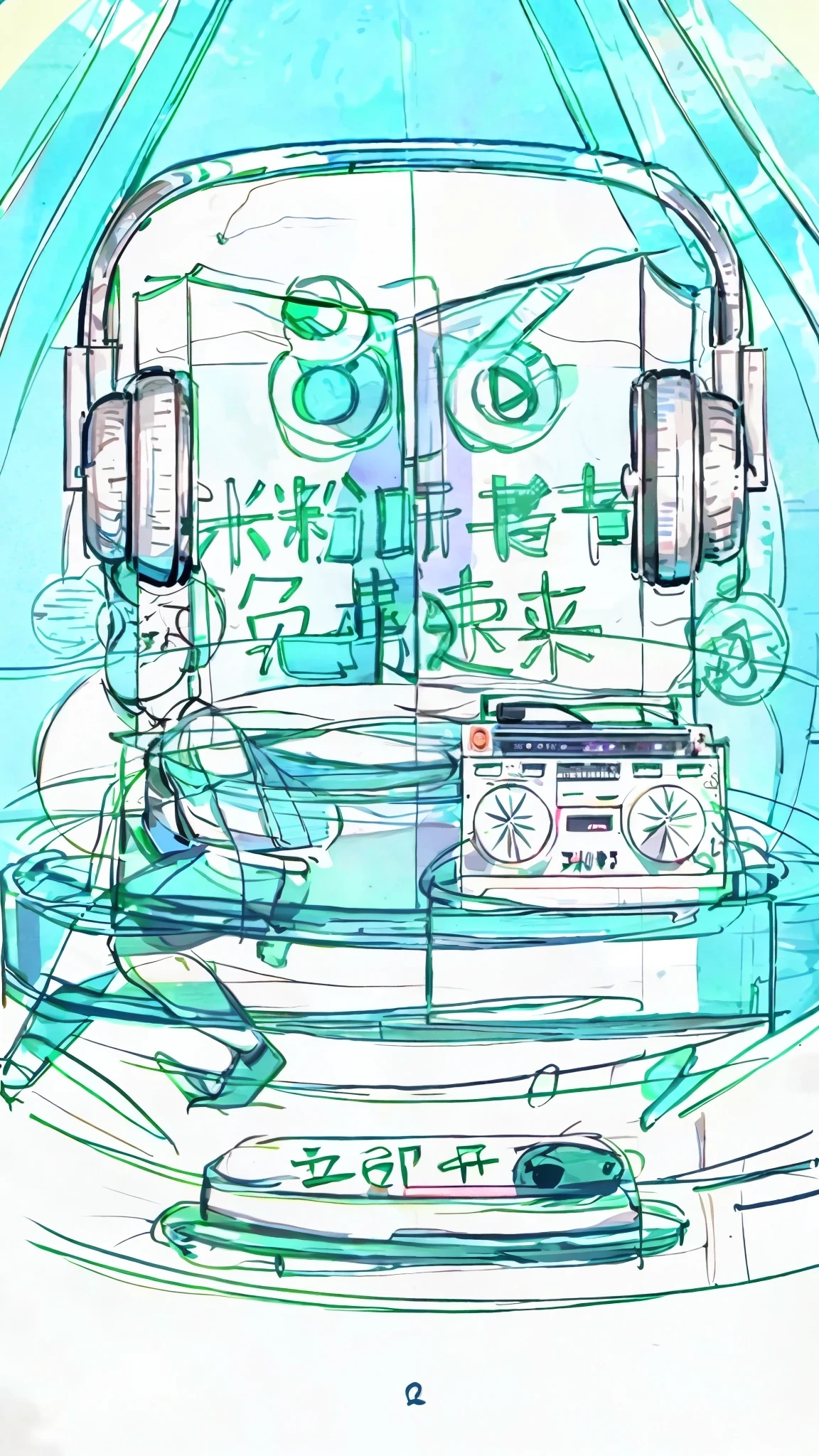 There are large headphones straddling the open book, the book says 816 meter fan listening book festival, the book is sitting on a circular cylinder, on the left sits a girl listening to music with a happy expression, and on the right an old-fashioned radio, the overall style is detailed illustration style, rich colors