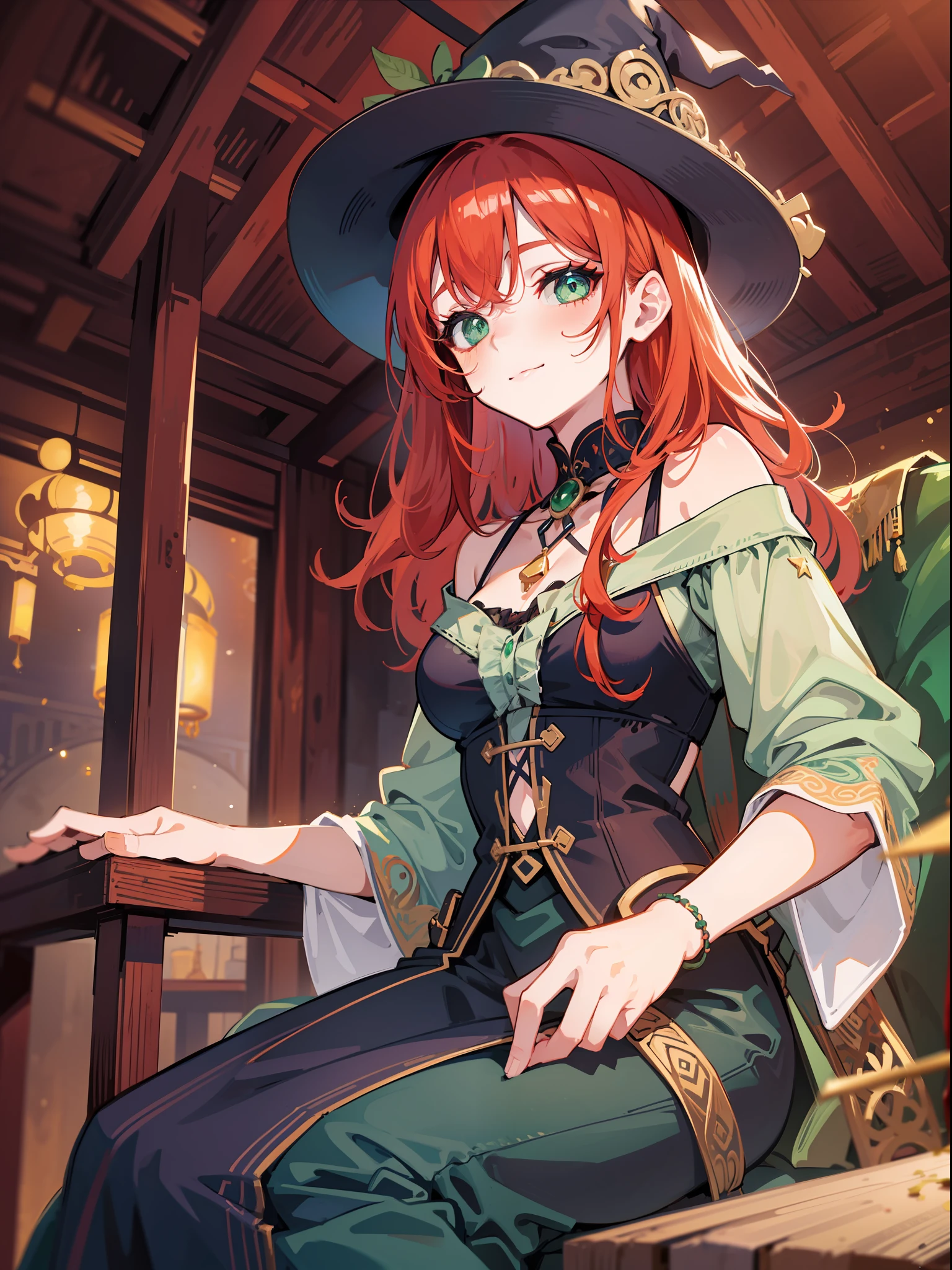 cute girl, witch, sitting in a couch, in love,vivid eyes, green eyes, smilling, alone, night, gorgeous, intimate, messy hair, digital art, in a hut masterpiece, high details, modern, red hair, intricate, perfect face, traced lights, peace, (sensual), embarassed, misteryous