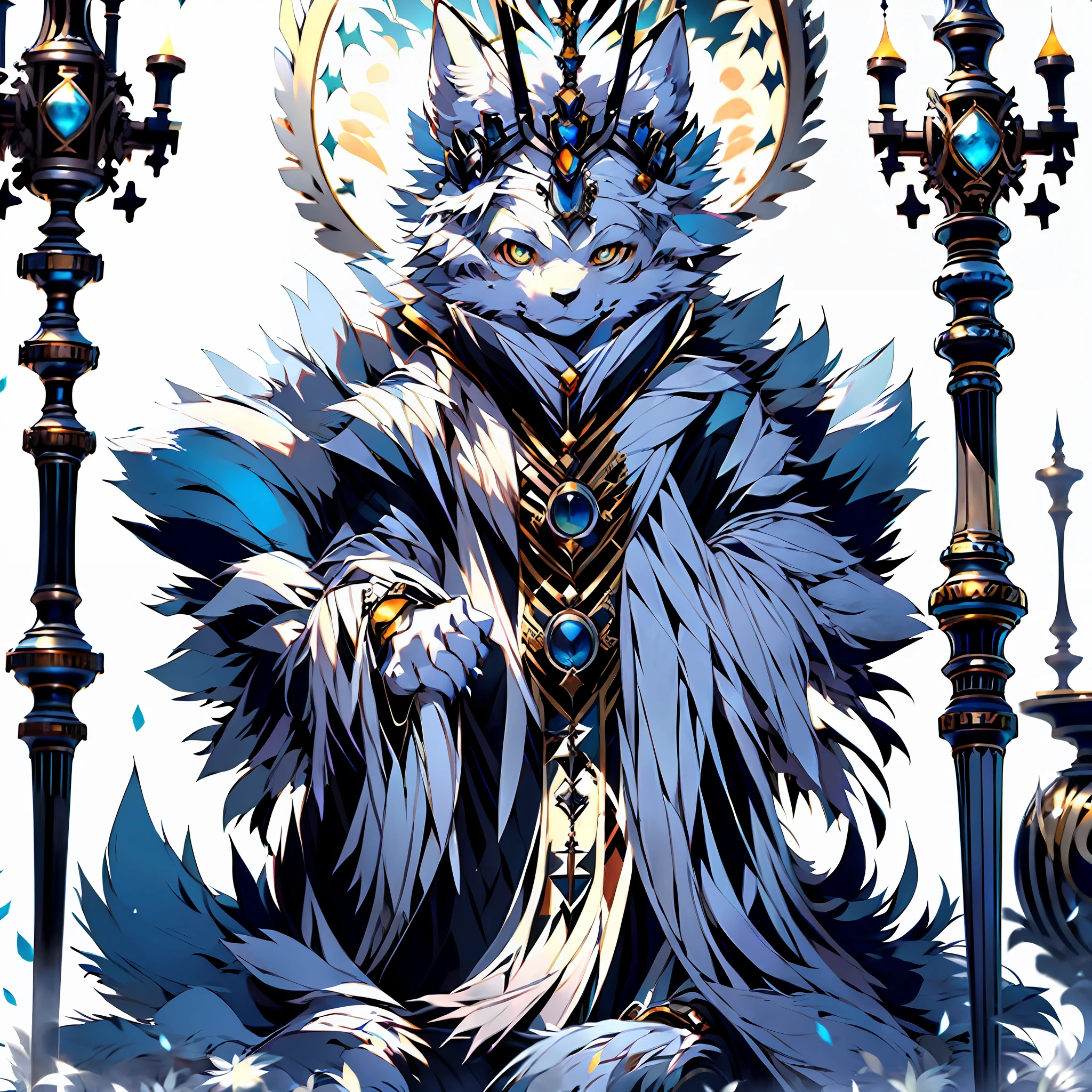 (Best Quality), (Masterpiece), ((Solitary)), (Ultra Detailed), (Furry), Furry, (Male Arctic Fox: 1.5), (Grey Skin: 1.3), (Fluffy Tail: 1.2), Character Focus, (Golden Eyes), (Canine Paws), (Grey Ears), Sharp Focus, (Furry Animal Ears), Indoors, ((Dimly Littered)), (Sitting on a Throne))), Serious Expression, Cold, ((In a Robe)), (with a Crown) )