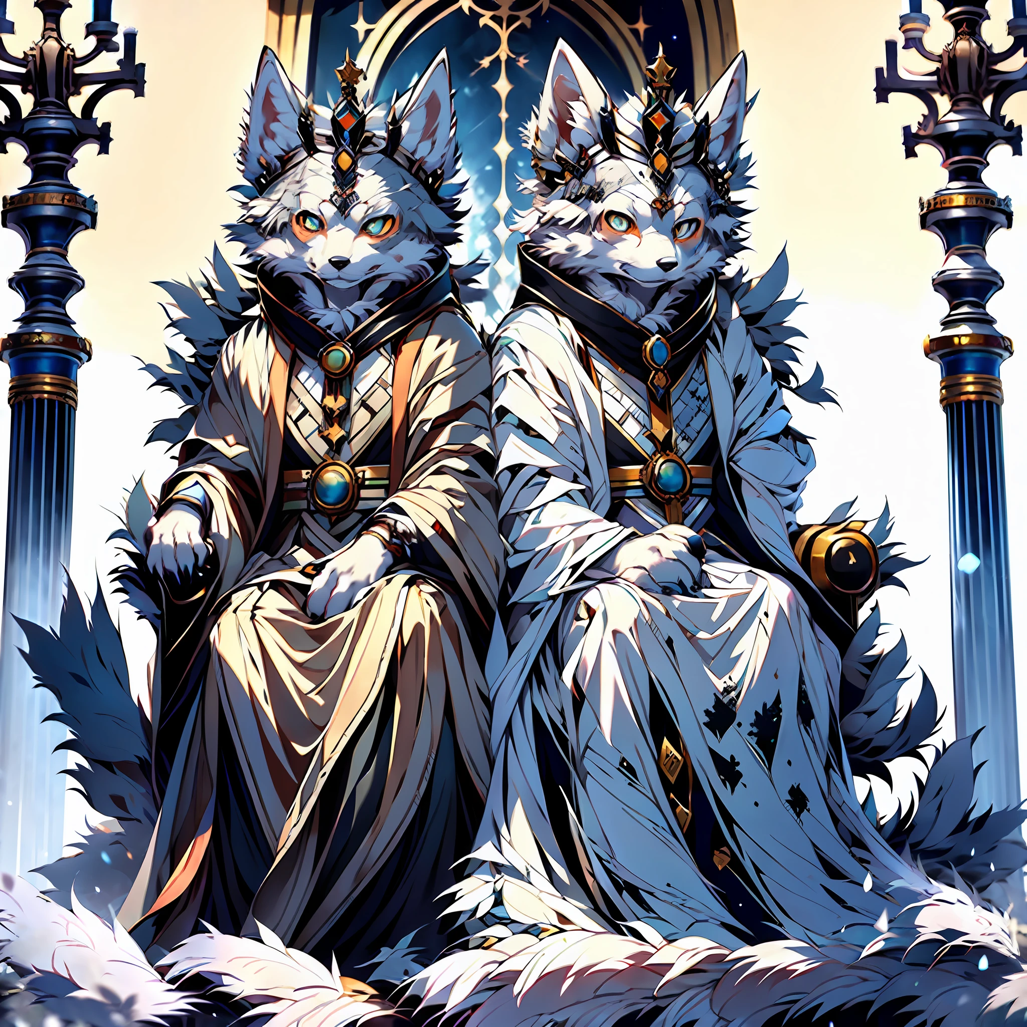 (Best Quality), (Masterpiece), ((Solitary)), (Ultra Detailed), (Furry), Furry, (Male Arctic Fox: 1.5), (Grey Skin: 1.3), (Fluffy Tail: 1.2), Character Focus, (Golden Eyes), (Canine Paws), (Grey Ears), Sharp Focus, (Furry Animal Ears), Indoors, ((Dimly Littered)), (Sitting on a Throne))), Serious Expression, Cold, ((In a Robe)), (with a Crown) )