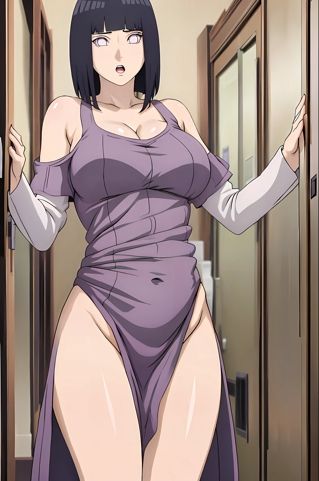 Masterpiece, Absurd, Hinata (Boruto), 1 girl, solo, long hair, cleavage, groin, areola: o,