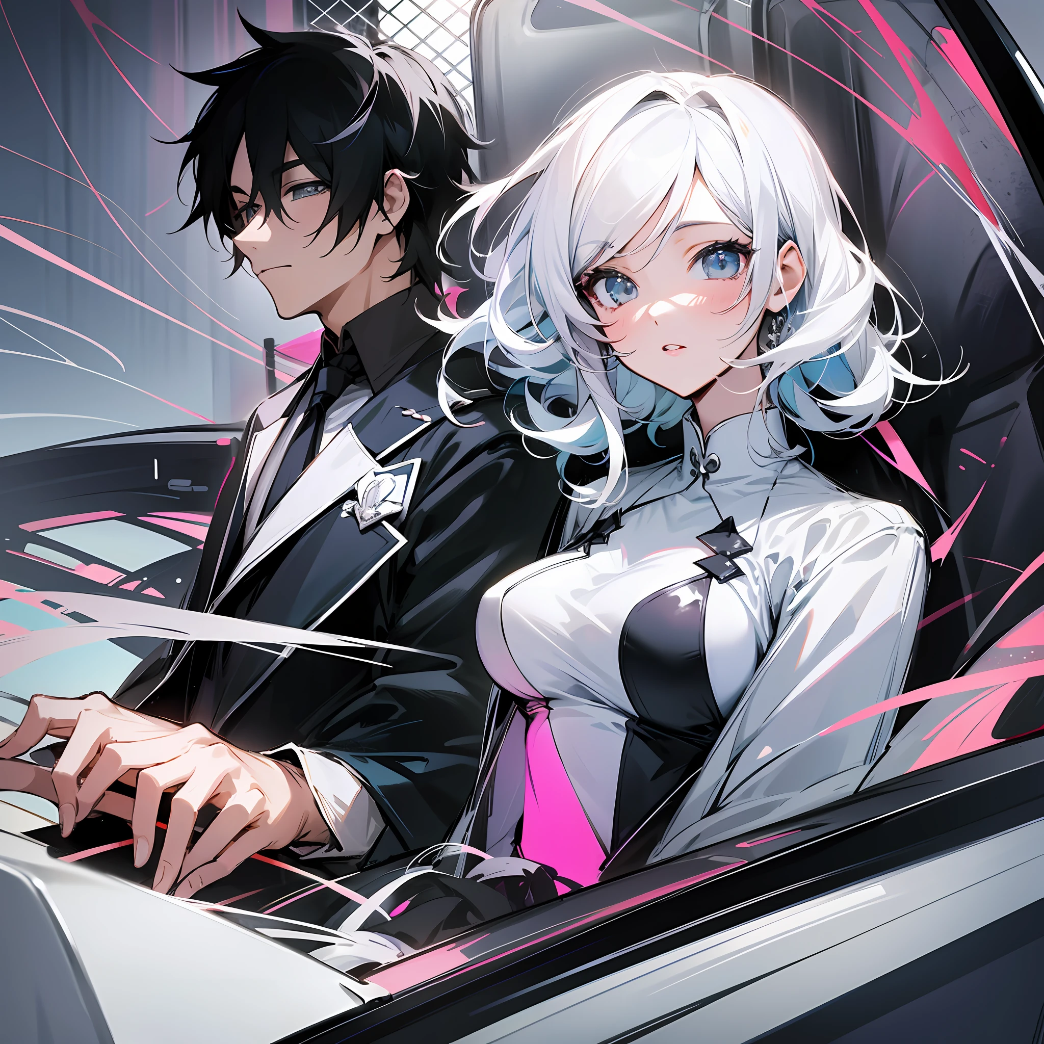Design an anime image, two, in the car, a man and a woman, dress up trendy, black and white outfit --auto --s2