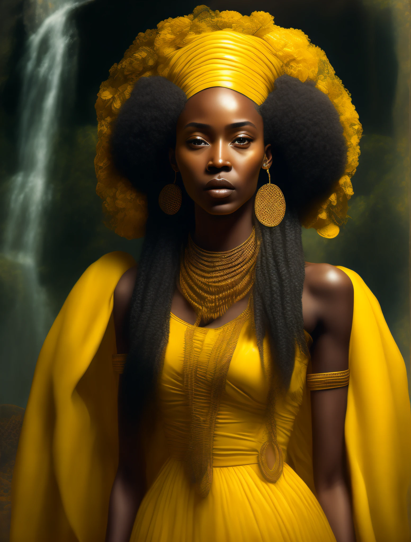 Oxun a is the most beautiful and sensual African orisha goddess wearing yellow clothes, in the mirror hand, vain, beauty, lovely, zealous, queen of waterfalls