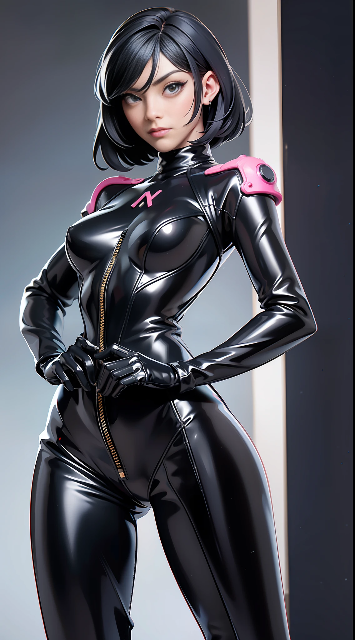 solo, super fine photo, full body picture Unreal Engine 5 8K UHD of beautiful girl in a skin tight futuristic black latex Evangelion plug suit, black bob style hair, slick black catsuit, black iconic character, smooth black skin, black body, shiny suit, glossy latex suit, rubber suit, rubber belts, collar, black rubber glove, high boots, arm and leg cuffs, straps, best quality, masterpiece, official art, unified 8k wallpaper, super detailed, sharp focus, sexy pose, body parts