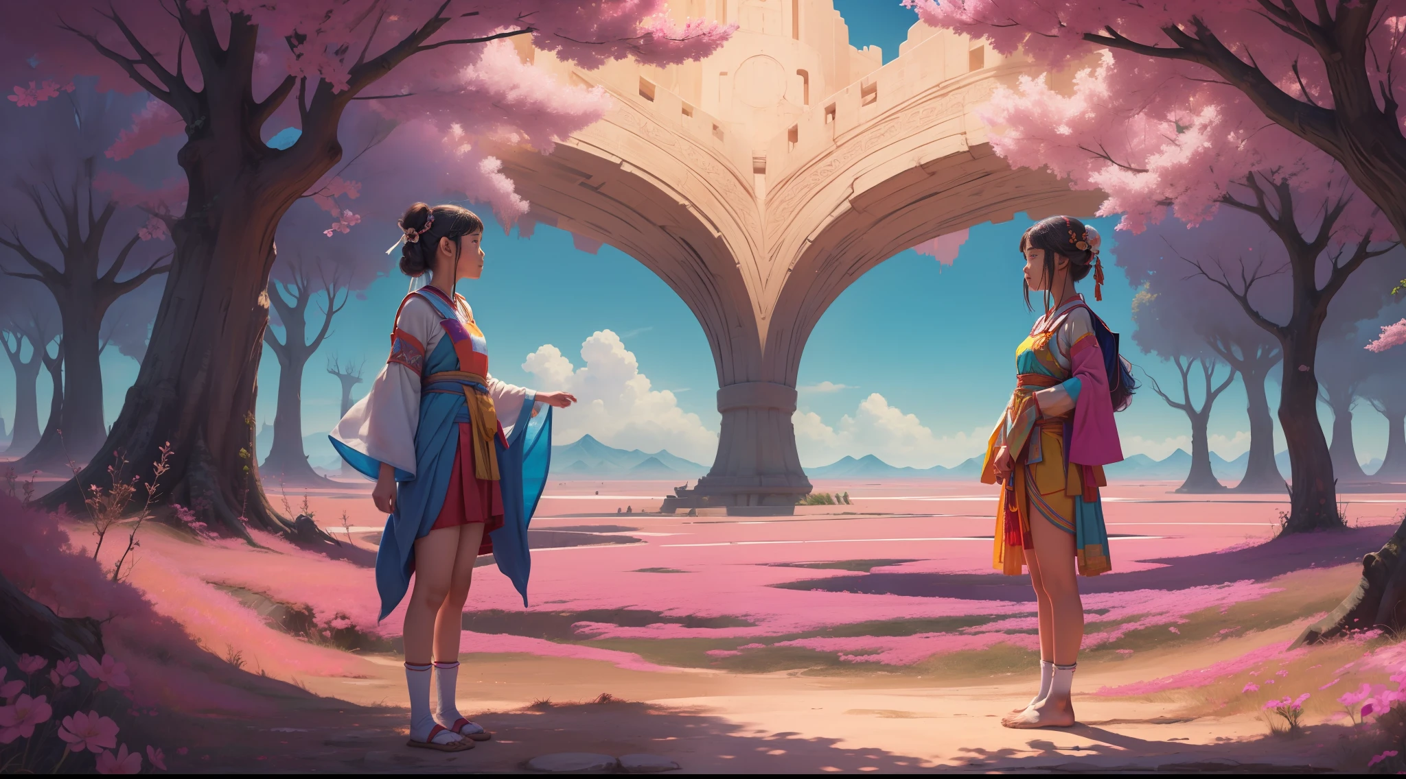 (promise of learning and happiness, abstract and surreal place with vivid colors, clear place, full body shot, (1girl:1.2), short ancestral clothes)