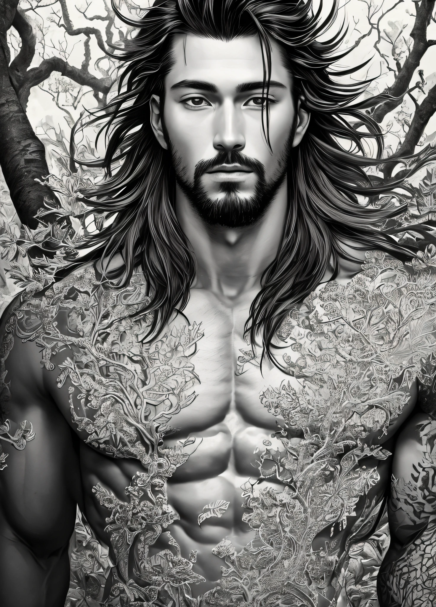 (by Yuko Higuchi, 1.4), Yuko Higuchi, (by Yoh:1.2), (Masterpiece, Best Quality, Official Fine Art, Beauty and Aesthetics :1.2), (Super Detail), Fine Detail, Best illustration, Hand-drawn high quality, (high contrast), (Clean Lines :1.3), (Line art), Line drawing, (complex lines), ligne claire, fractal art, strokes, ukiyo-style, (portrait, above chest, extreme close-up :1.1), muscular hunk, wearing only a see-through thong (he is surrounded by dead trees :1.1), perfect features of supermodel, full body display (close-cropped hair, stubble), Corpose MONEY BOY, surround composition, flat chest, mysterious night, extremely provocative and sexy (adds detail), (detail background :1.2), (color), high resolution