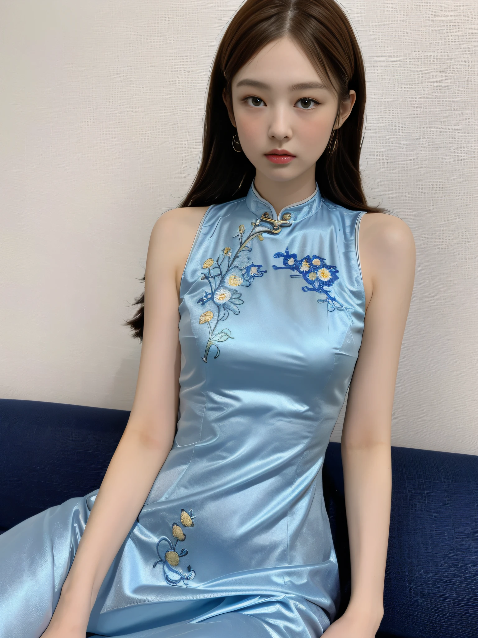 ((Night view, realistic light, best quality, 8k, masterpiece: 1.3)), 1girl, slender beautiful woman, brown hair, wearing light blue cheongsam, embroidered phoenix pattern, sleeveless, sexy, micro-breasts, split end, long legs, sitting on sofa, close-up, super detailed face, detailed eyes, double eyelids