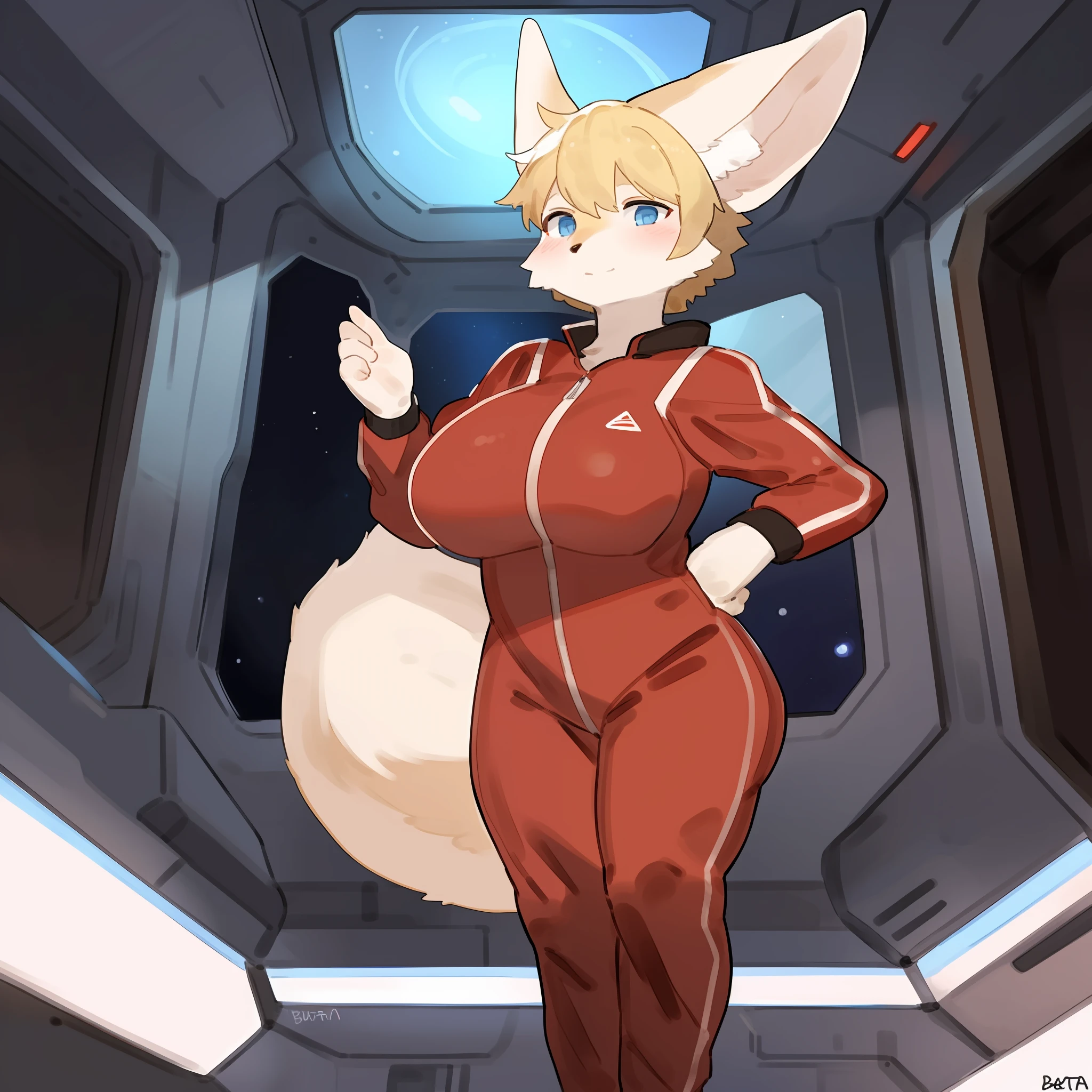 A chubby shortstack fennec fox with white fur wearing a red spacesuit uniform, big butt, chubby, big boobs, short, very short, short girl, big ears, blue eyes, detailed eyes, detailed hands, white fur, white body, solo, female, space, spaceship, window, red jumpsuit, red spacesuit, fennec, by bebebebebe, ((by buta99)), standing, blonde hair, short hair