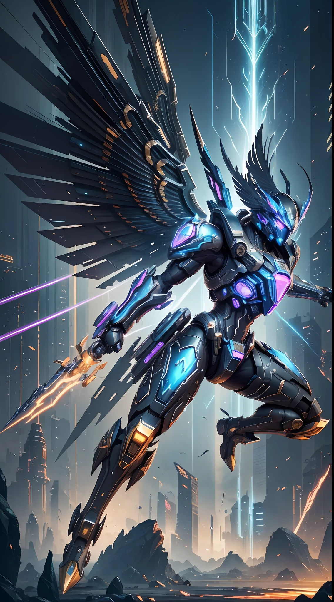 Steampunk style, cool colors, cinematic effects, futuristic sci-fi mecha, pure black mecha with strong metallic luster, metallic wings on the back, wings are feathers and layered, holding Fang Tianji, Fang Tianji particle light, Fang Tianji particle special effects, aesthetic, scattered, combat posture, battle posture display, super details, perfect details, 8K, top painting, feature article, studio environment, concept art, epic composition, with HD details, metallic texture and tension composition, hyper-realistic, ultra-realistic, rich in details.3D. C4D,