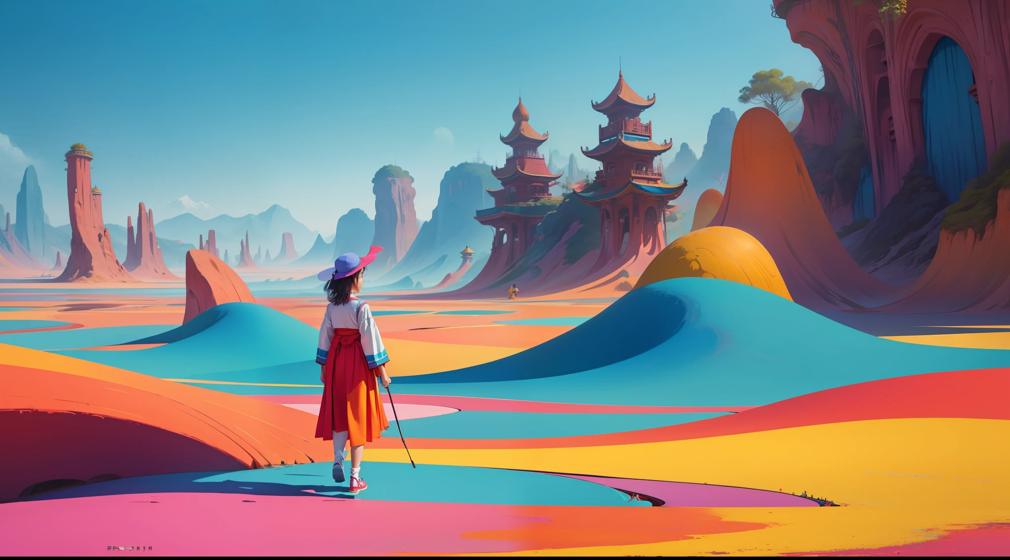 (abstract and surreal place with vibrant colors that conveys the feeling of joy motivation satisfaction and knowledge):1.3, clear place, full body shot, 1girl with short ancestral clothes.
