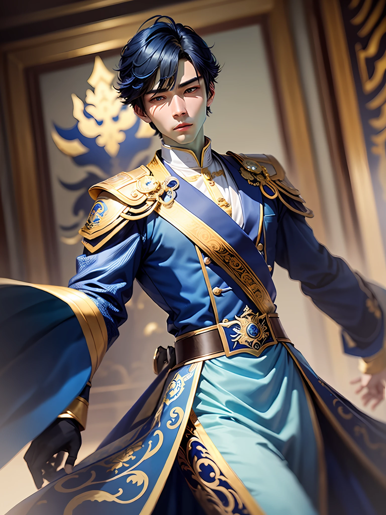 a closeup of a man in a blue and gold uniform, handsome androgynous prince, delicate androgynous prince, handsome prince, hsiao-ron, inspired by Bian Shoumin, gold brocade dark blue clothes, with shoulder pads, heise jinyao, xianxia full body, background is heavenly, zhao yun