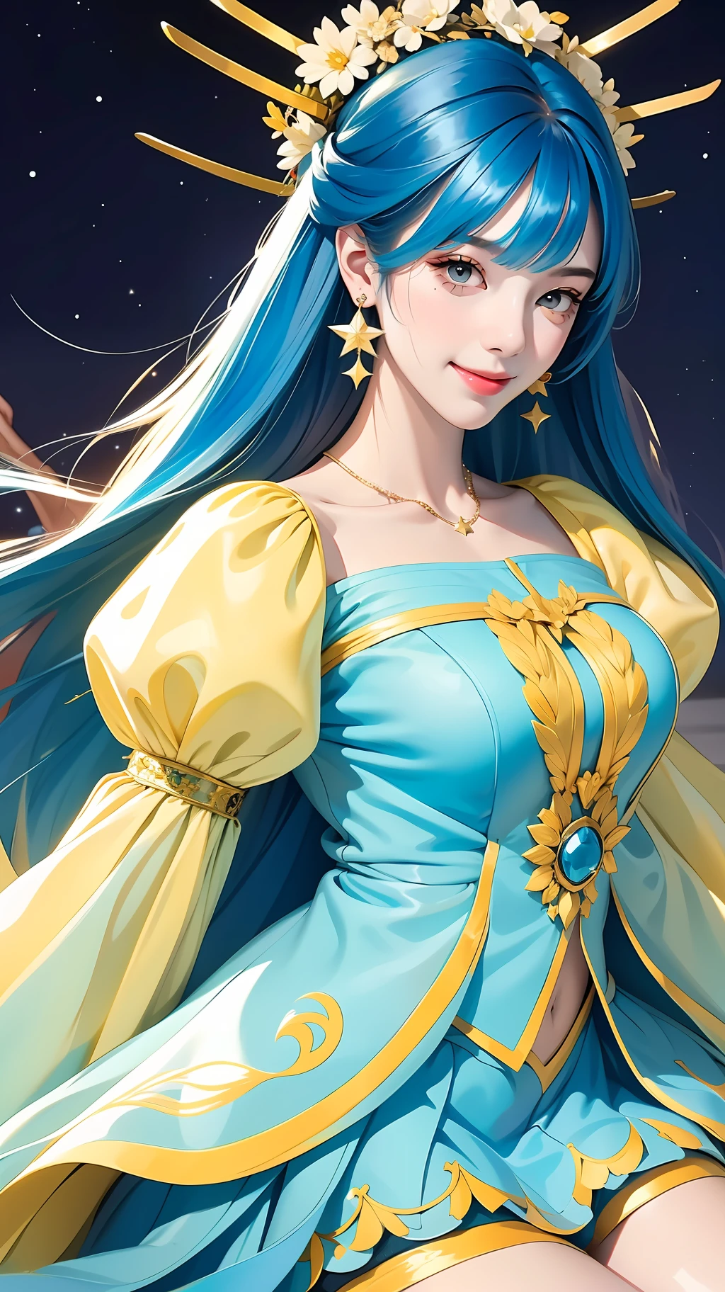 A girl with long blue hair, straight bangs, flowing emanation, puff sleeve skirt, earrings, smile, fruit, bust, fashion trend, female star, plain white background