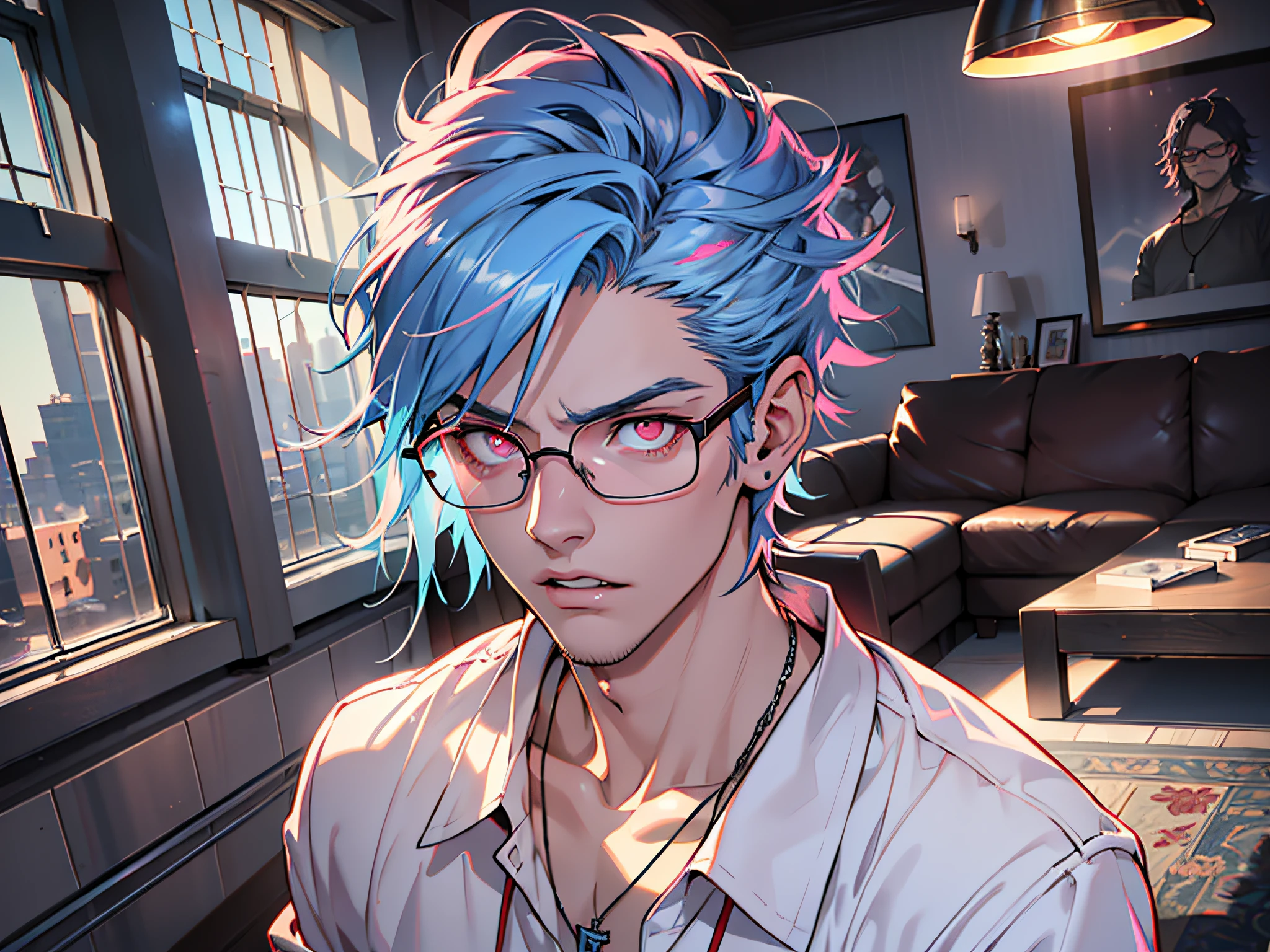 (Masterpiece, Best Quality, Ridiculous), Cinematic Lighting, Best Quality, Ultra Detailed, Masterpiece, Fine Lines,, 1 Man: 20 years old, Detailed eyes, Blue hair color head style, Red eyes, White coat, Pink T-shirt, Black glasses, Jewelry, Necklace, Glowing Eyes, Light, (colored), Upper body, Anger, Indoor, Living room, Roar