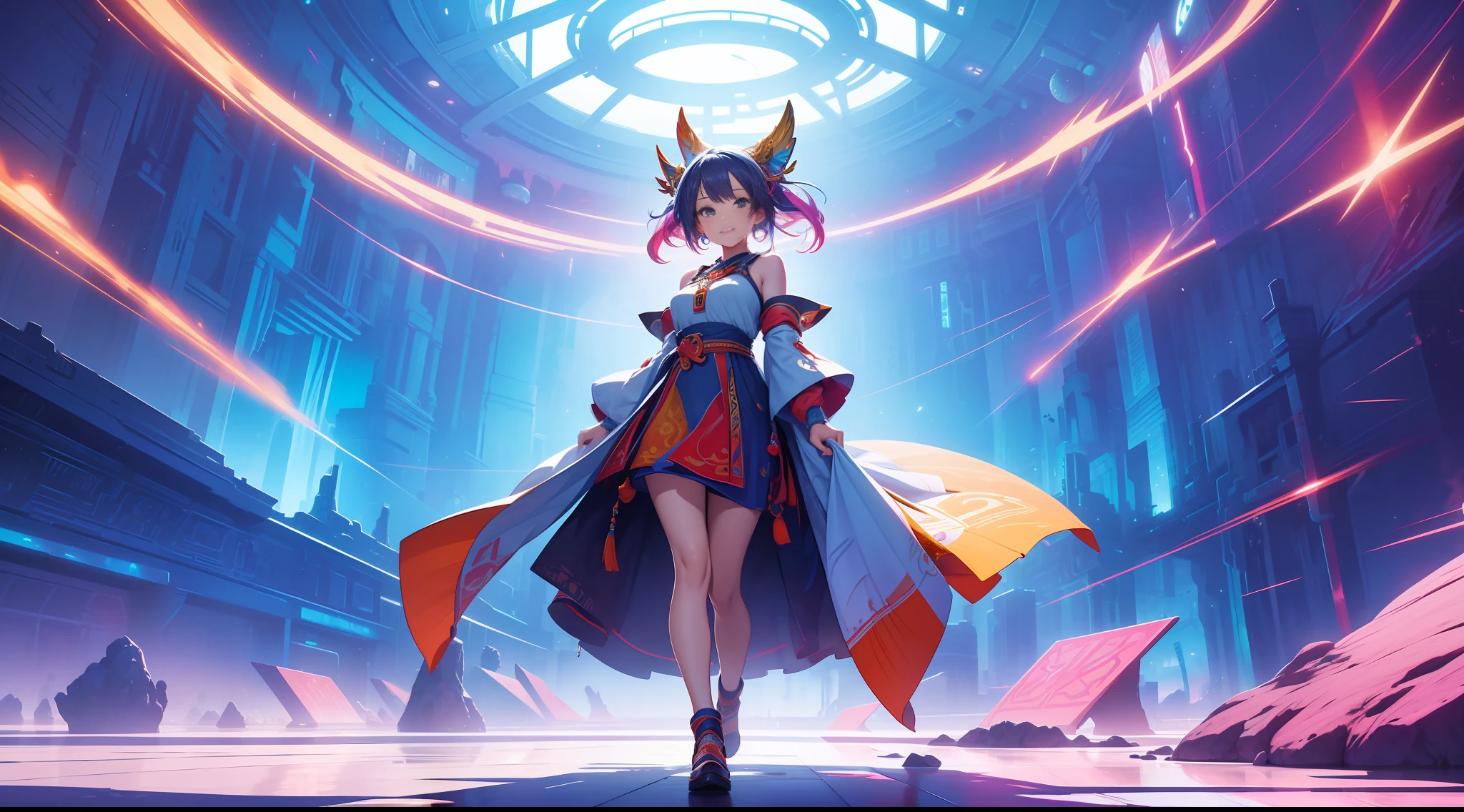 "(abstract and surreal place, with vibrant colors that convey the feeling of joy, motivation, satisfaction and knowledge), well-lit place, full body shot, 1 girl wearing short ancestral clothes."