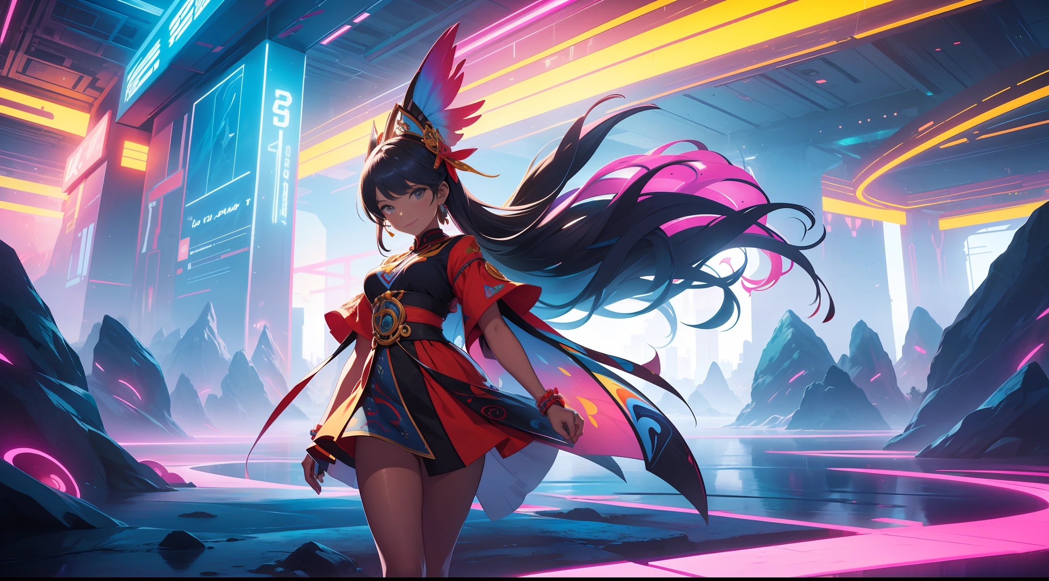 "(abstract and surreal place, with vibrant colors that convey the feeling of joy, motivation, satisfaction and knowledge), well-lit place, full body shot, 1 girl wearing short ancestral clothes."