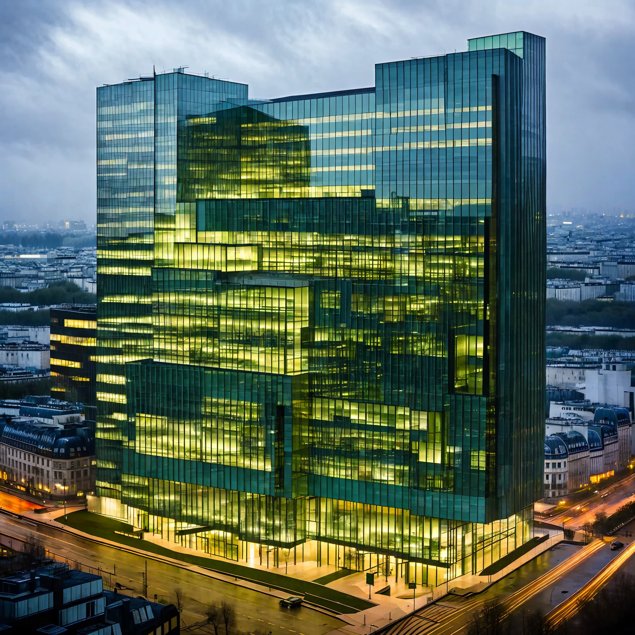 ((night)) a modern green eco bank building hsbc light inside on, paris, overcast, rainy, Night,