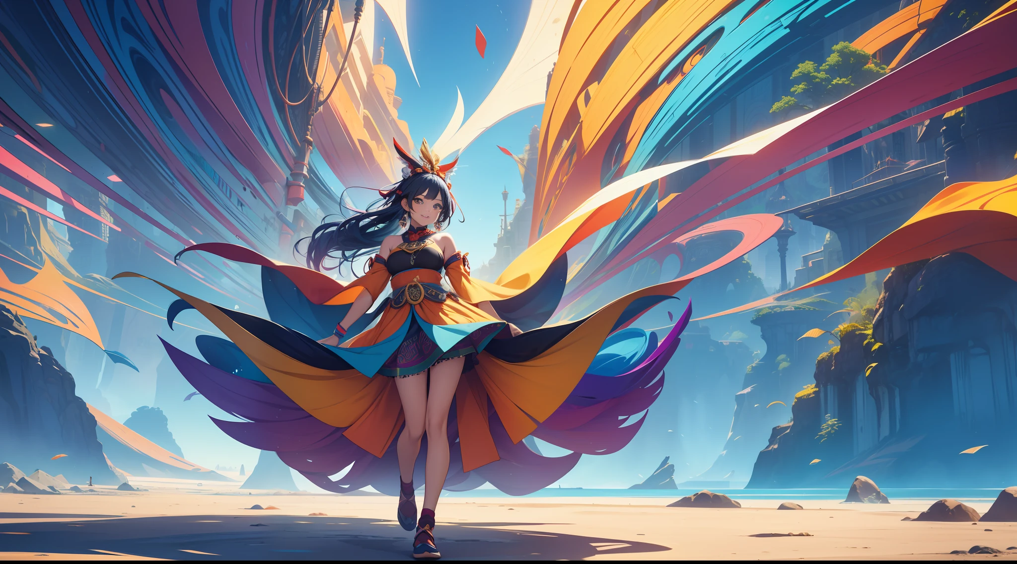 "(abstract and surreal place, with vibrant colors that convey the feeling of joy, motivation, satisfaction and knowledge), well-lit place, full body shot, 1 girl wearing short ancestral clothes."