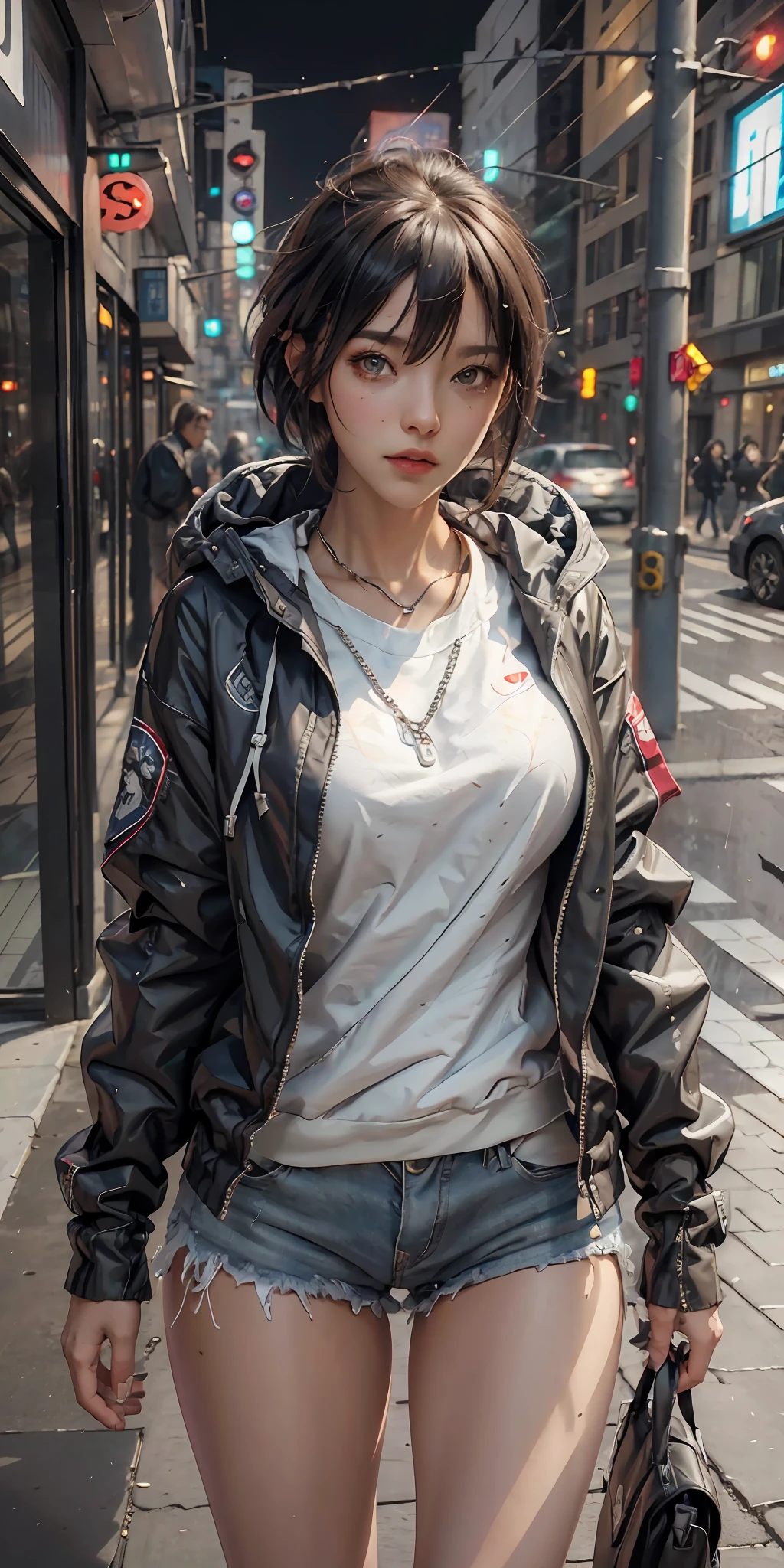 Best Quality Realistic 1 Girl, Rain, Super Big Breasts Jacket, Outdoor, Hoodie, Open Jacket, Chain, Backpack, Looking at Others, Messy Hair, 8K Ultra HD, Very Fine, Anatomically Accurate, Clear Image, Concept Art, Digital Painting, Shinkai Makoto Style, ArtStation Trend, Pixiv Trend.