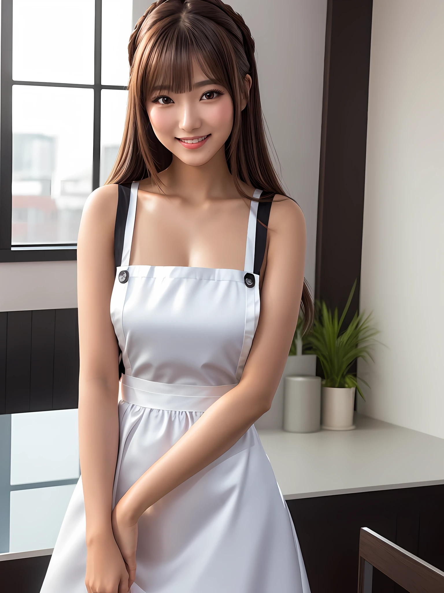 masterpiece, 1 girl per 1 photo, upper body shot, directly front view, a Japanese young pretty woman, wearing a satin black cute maid costume in the cafe with a big smile, wearing a white apron, glamorous figure, hyper cute face, glossy lips, sweaty body, double eyelids in both eyes, Natural makeup, long eyelashes, shiny smooth light brown hair of long bob hair, asymmetrical bangs, tanned skin, central image, 8K resolution, high detail, detailed hairstyle, Detailed Face, spectacular cinematic lighting, octane rendering, vibrant, hyper realistic, perfect limbs, perfect anatomy