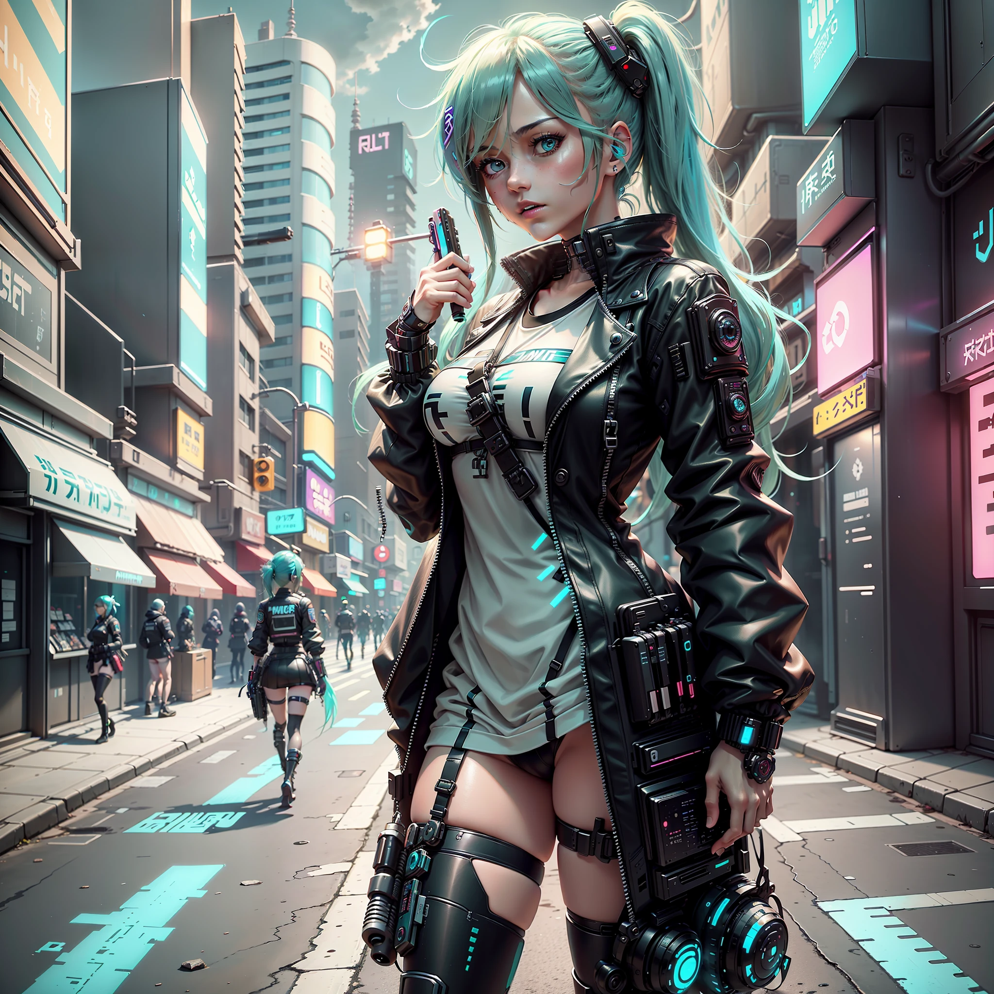 woman in police uniform walking down a street, Hatsune Miku cosplay, female cyberpunk anime girl, cyberpunk anime, cyberpunk anime girl, anime cosplay, cyberpunk girl, anime girl in real life, cyberpunk streets in, cyberpunk style, cyberpunk outfit, has cyberpunk style, oppai cyberpunk, full cosplay --auto --s2