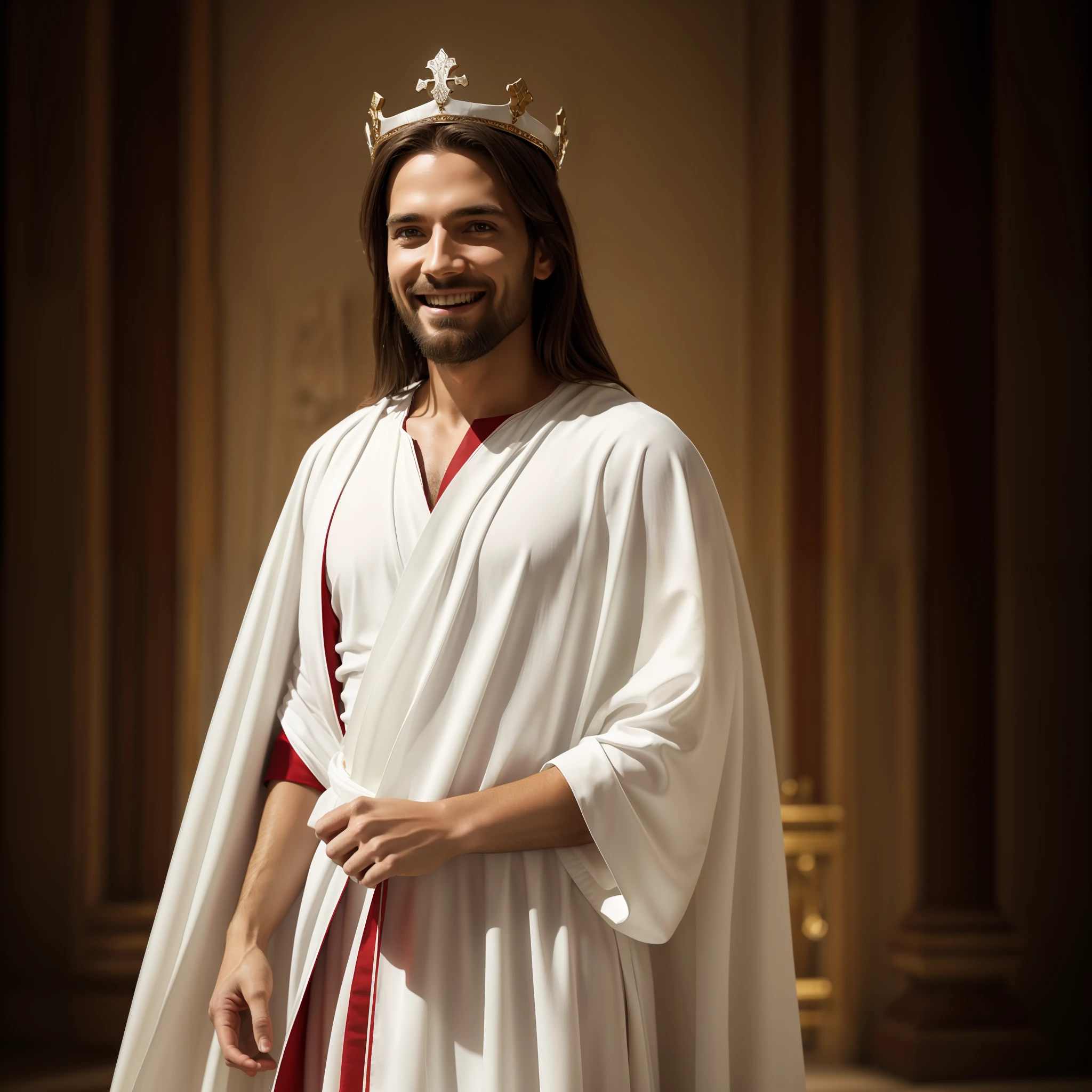 Jesus wearing white tunic with red cape, portrait, wearing Crown, happy Jesus, smiling, cinematic lighting, depth of field, Solomon temple image background, realistic photo, hyperrealism, professional photography, 8k, ultra realistic
