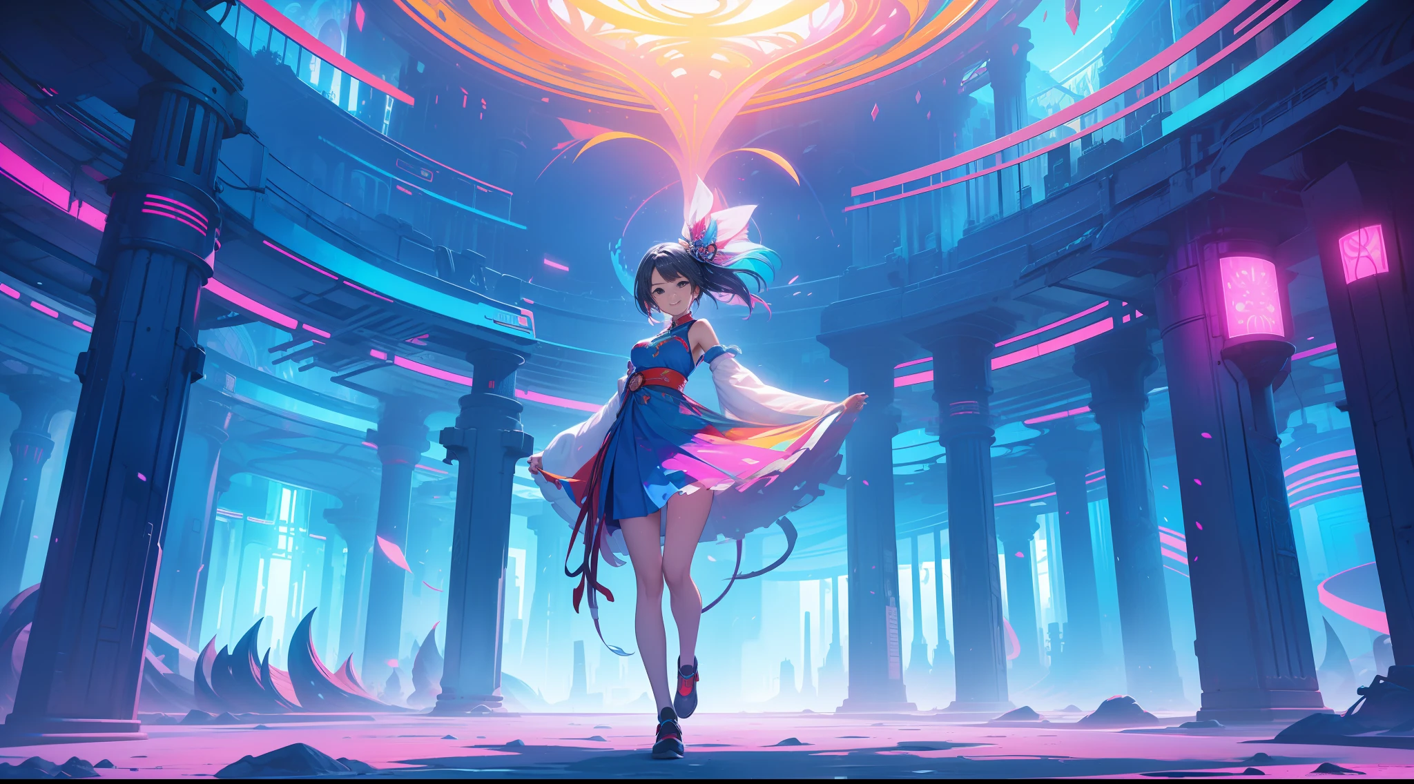 ((abstract and surreal place with vibrant colors that gives the feeling of joy, motivation, satisfaction and knowledge)), clear place, full body shot, 1girl with short ancestral clothes