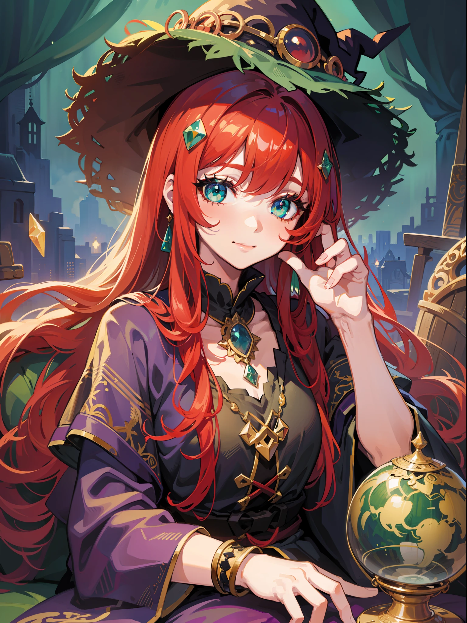 cute girl, witch, sitting in a couch, holding a crystal ball,vivid eyes, green eyes, smilling, alone, night, gorgeous, intimate, messy hair, digital art, in a hut masterpiece, high details, modern, red hair, intricate, perfect face, traced lights, peace, , misteryous