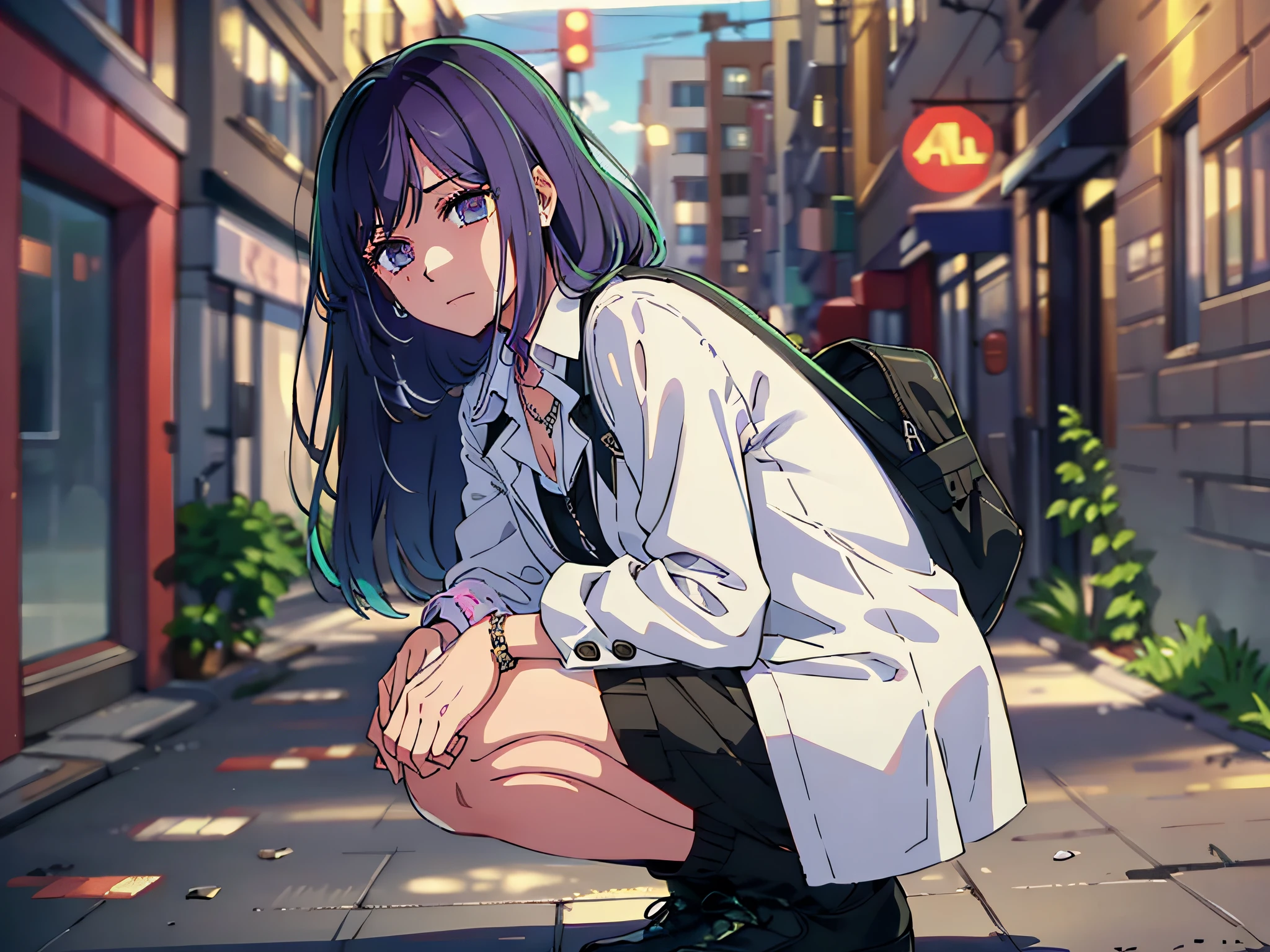 High resolution, highest quality, illustration, super detailed, (detailed face), (detailed eyes), movie lighting, best quality, super detailed, masterpiece, fine lines, 1girl, solo, purple hair, purple eyes, white coat, pink shirt, black school bag, jewelry, necklace, glowing eyes, medium breasts, light, (colored), upper body, crying, outdoors, squatting in alleys