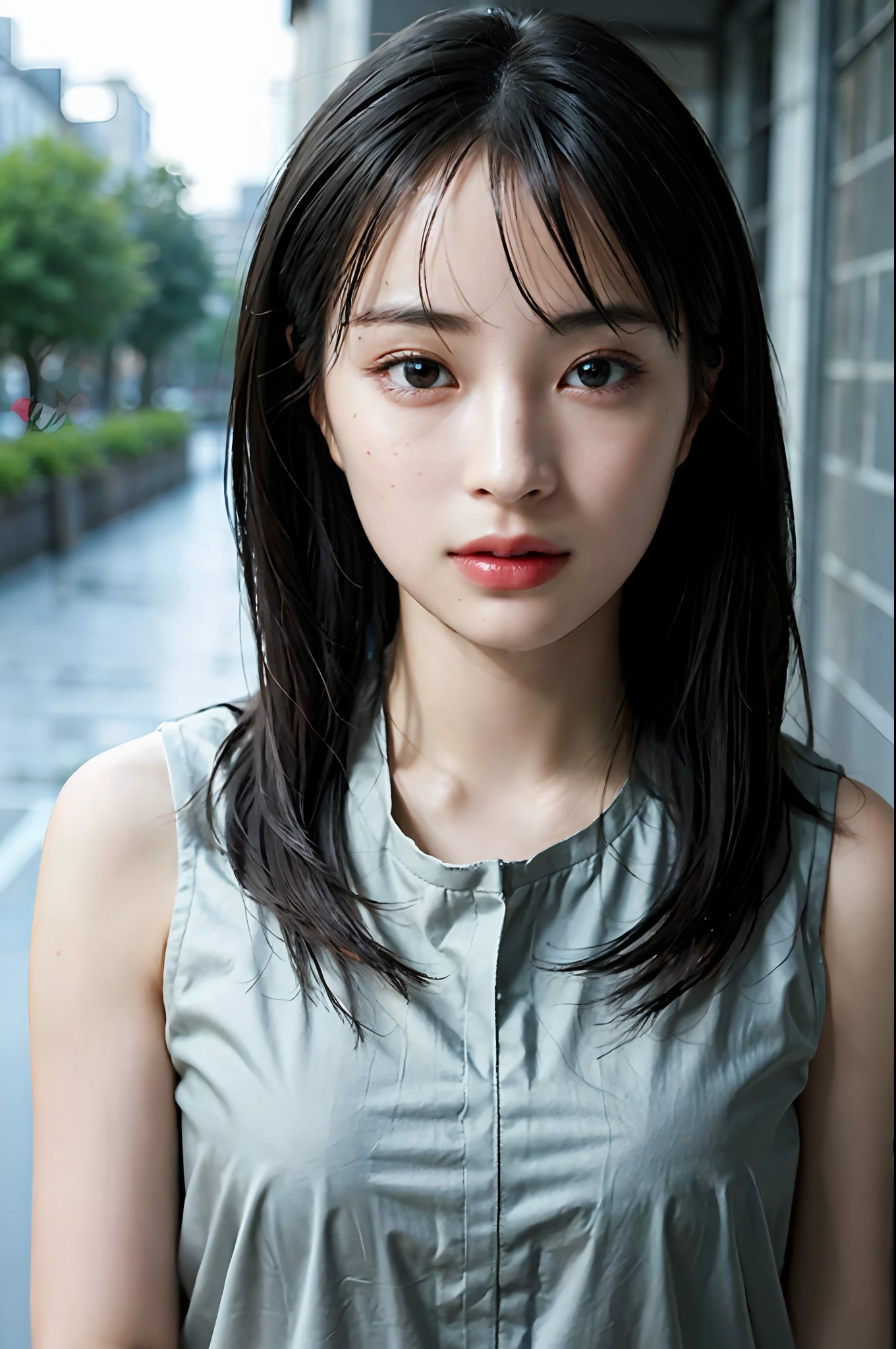 A close up of a woman with a gray shirt on a city street - SeaArt AI