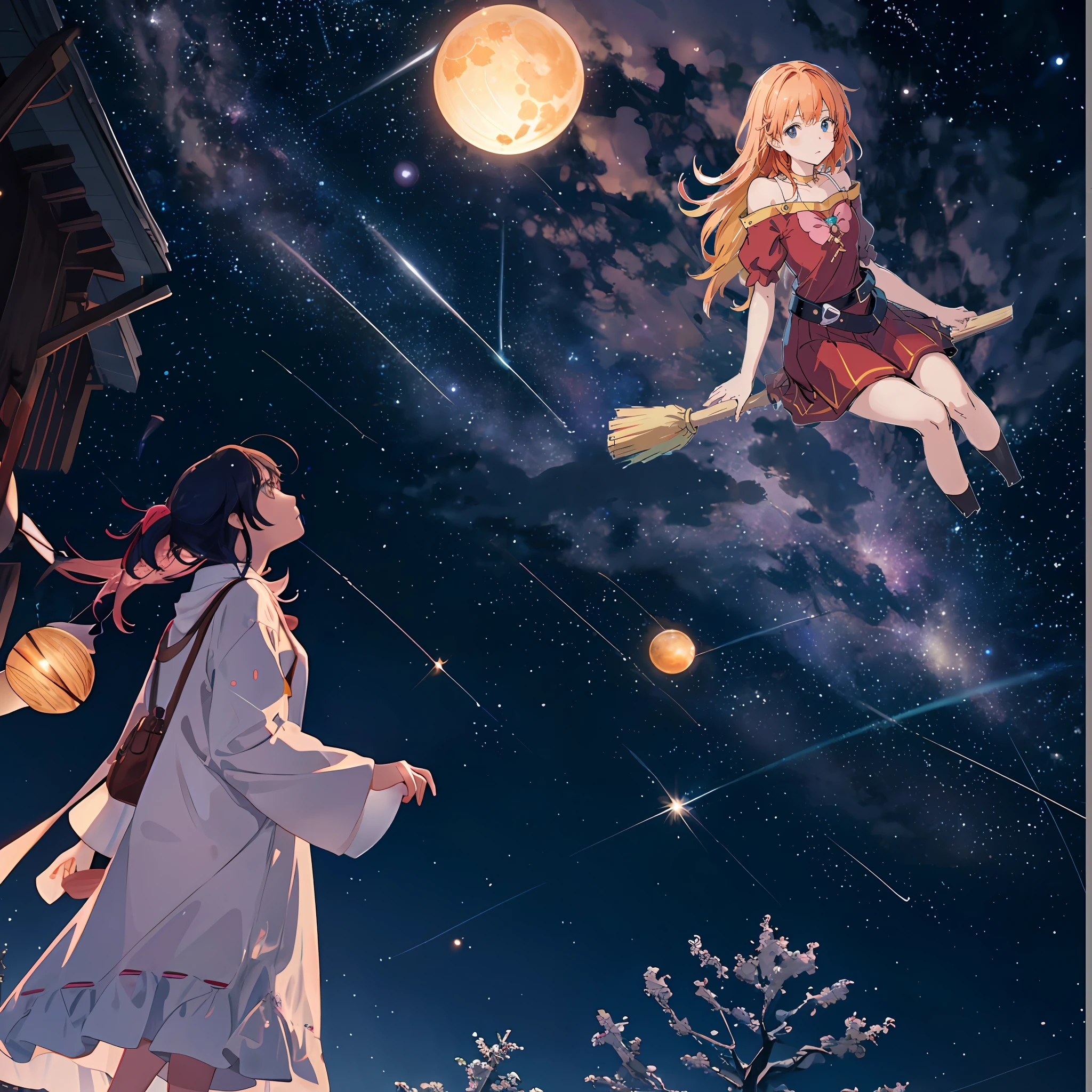 anime characters flying in the sky with a full moon in the background, sky witch, mana in the air, ethereal anime, in style of kyoto animation, anime art wallpaper 8 k, anime cover, night under the starry sky, light novel cover art, official art, kyoto animation key visual, official fanart, bottom angle, official artwork, anime background, anime background art