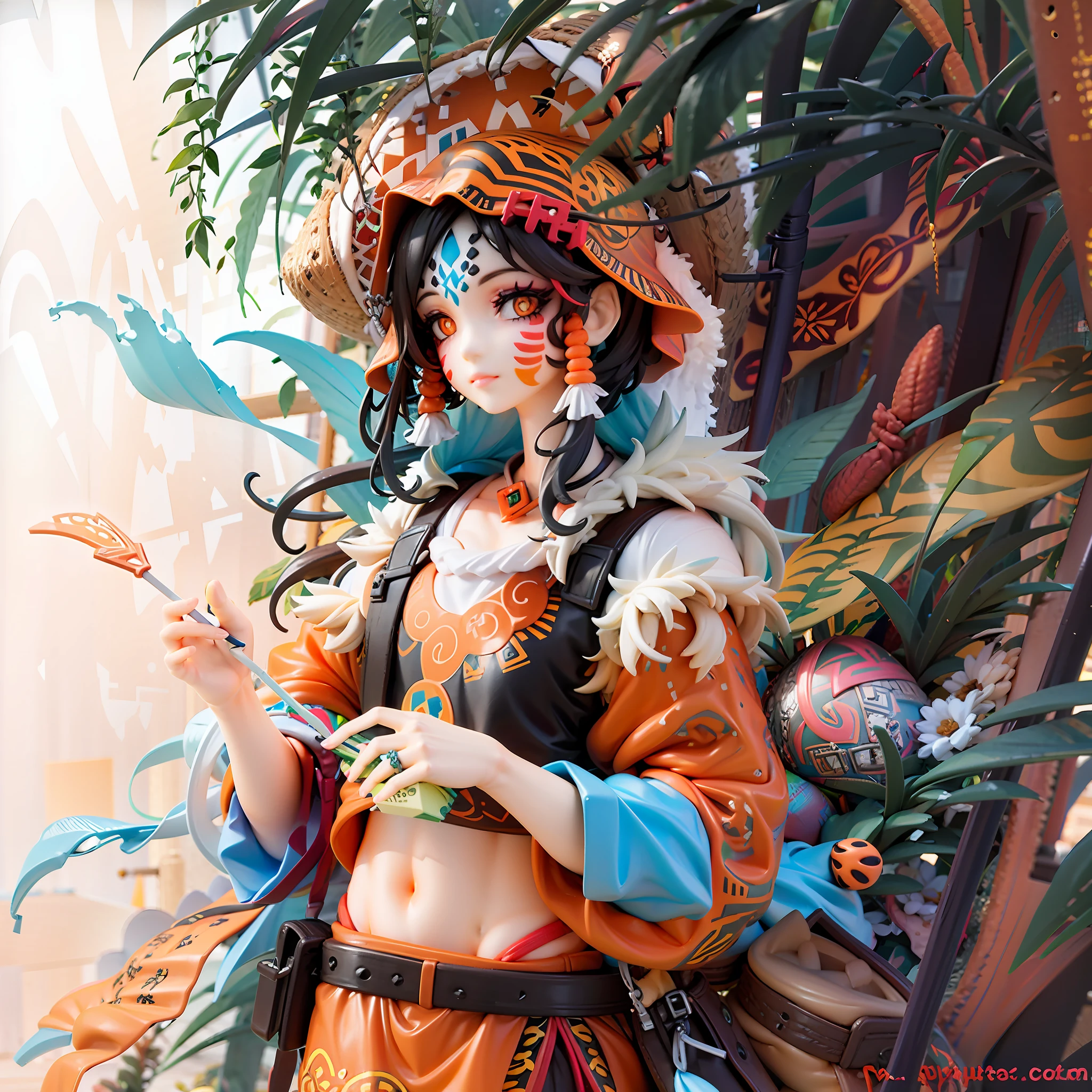Girl, colorful, zentagle, face paint, orange national costume m shortcut, black hair, orange eyes, orange striking hat