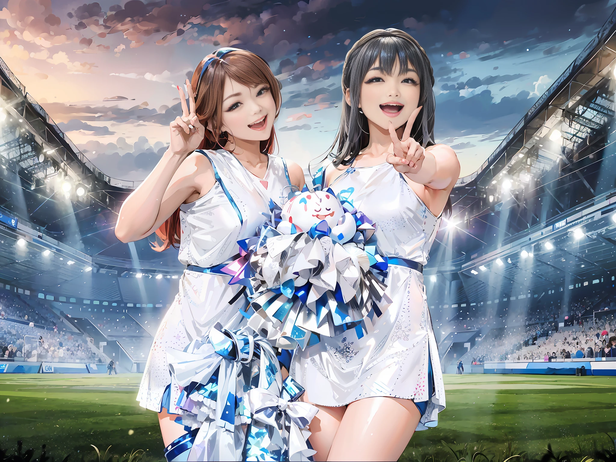 Two Asian women cheergirls, hair color is brown with long hair, wearing a peace sign, beautiful fingers, same costume, cheering in the basketball stadium, good friends, hairstyle as shown in the photo, two people standing side by side, both smiling, a total of two bonbons, costume is as shown in the photo, shiny silver, small breasts, Glossy silver with blue lines costume, glitter silver costume, costume is not sheer material 🚿🗝📝 🔞🤡 2263539546], ;, Ho****ve, ❤🔥🍄🌪 , 🌞🌄 🪔 🎨 8k))