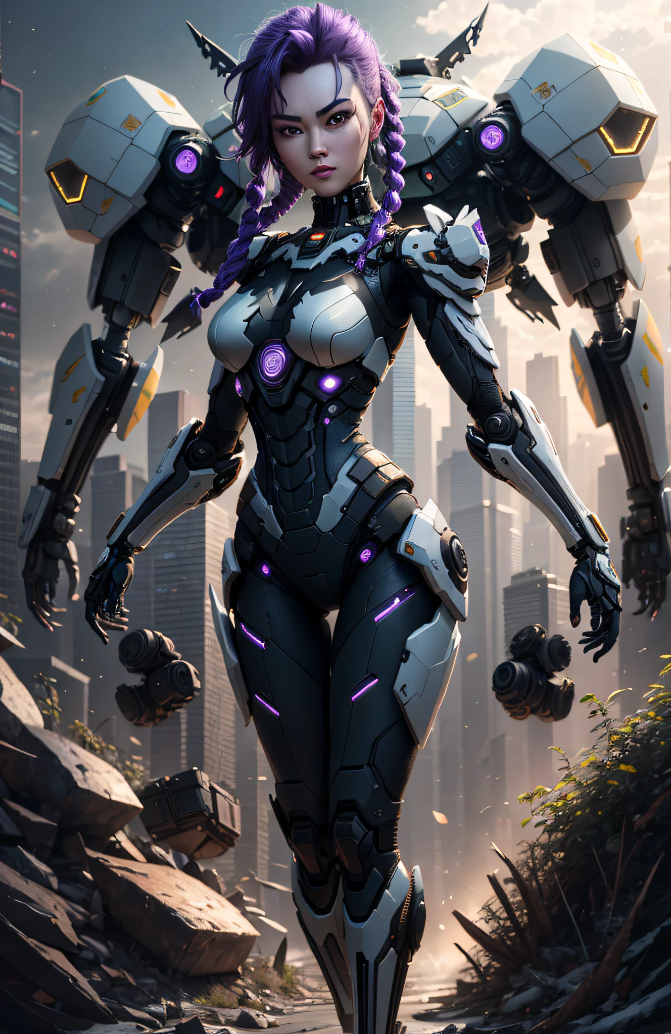 (Best Quality)), ((Masterpiece)), (Very Detailed: 1.3), 3D, Beautiful cyberpunk woman using batman cosplay, sci-fi technology, HDR (High Dynamic Range), ray tracing, nvidia RTX, super resolution, unreal 5, subsurface scattering, PBR texture, post-processing, anisotropic filtering, depth of field, maximum sharpness and sharpness, multi-layer texture, specular and albedo mapping, surface shading, accurate simulation of light-material interactions, perfect proportions, octane rendering, duotone lighting, low ISO, white balance, rule of thirds, wide aperture, 8K RAW, high efficiency subpixels, subpixel convolution, light particles, light scattering, Tyndall effect, very sexy, full body, battle pose, purple hair with braids,