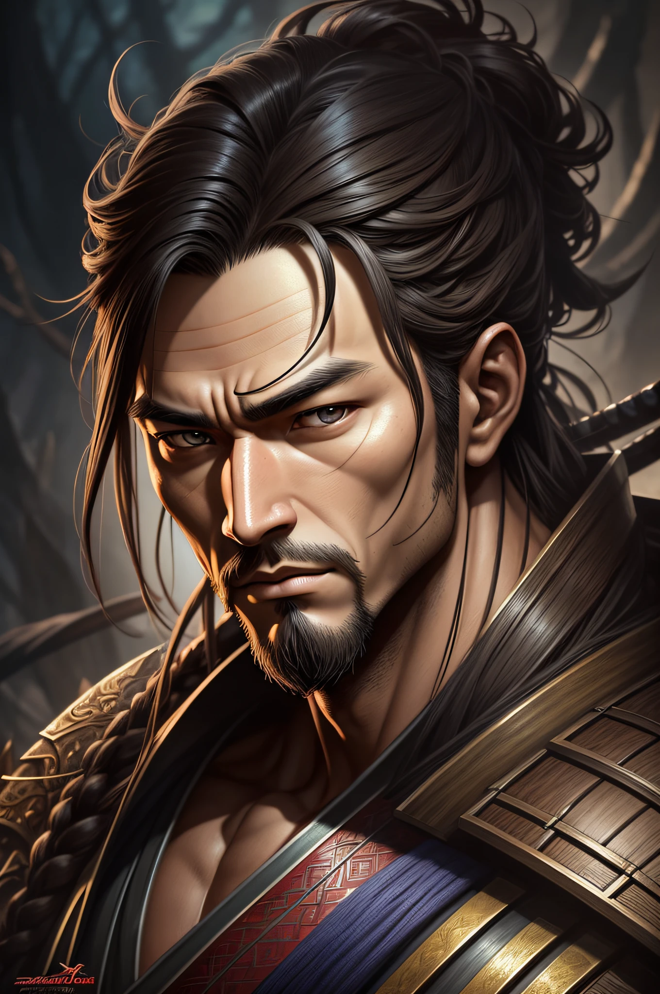 samurai with sword in hand, realistic rendering, Dungeons and Dragons, Fantasy, octane rendering, zbrush. Character design, photorealistic, unreal, hyper-detailed mechanism, concept art, trend in the art station. ((best quality)), ((masterpiece)), ((realistic)), (detailed), close-up portrait, full-length portrait, brown eyes,p him and hair highly detailed, looking at the viewer, Fantasy art, stunning gradient colors, signature no watermark, closed mouth, detailed background, lush jungle, closed mouth, incredibly detailed, ((masterpiece)), absurdities, HDR.