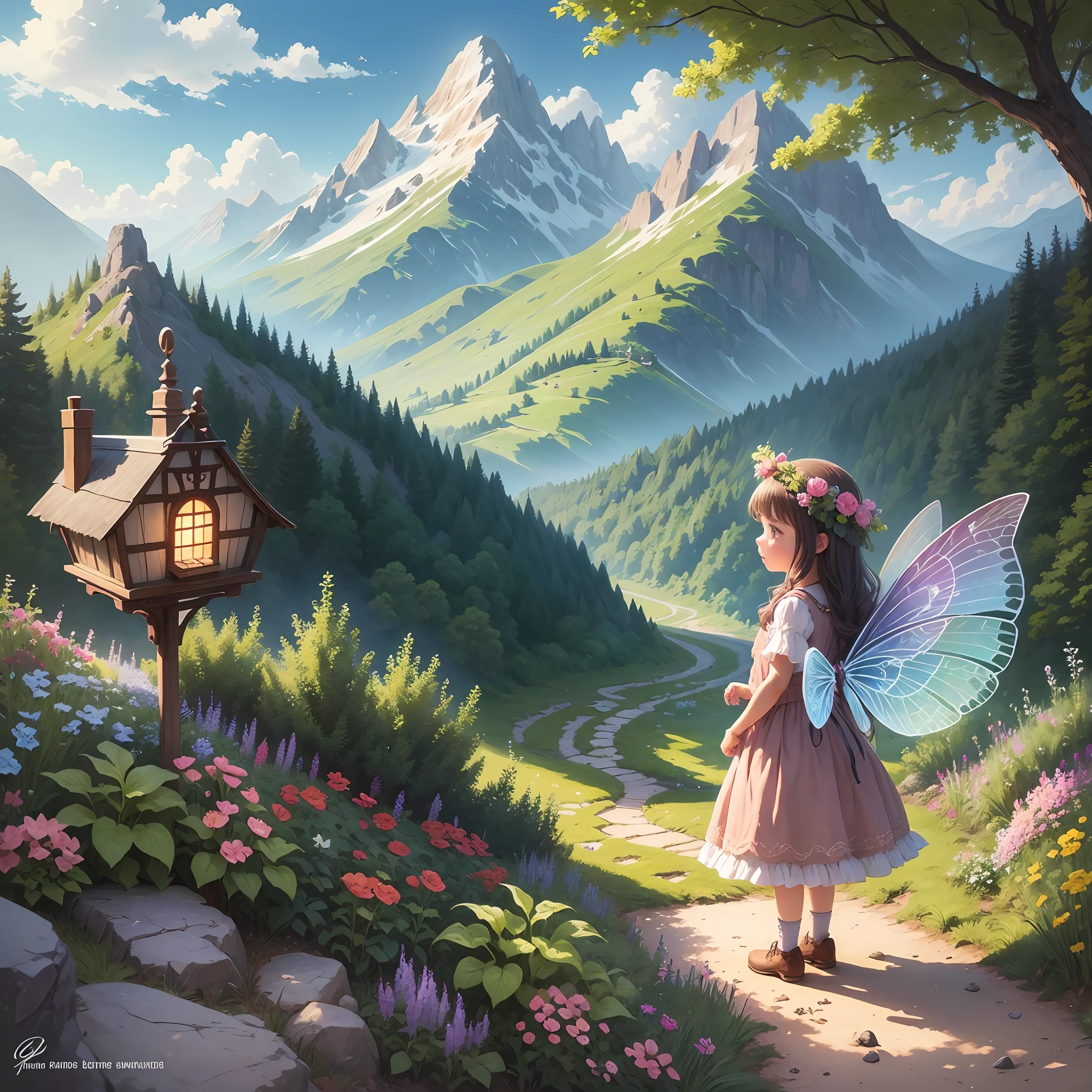 in her garden receives a magical seed of a beautiful fairy with beautiful wings to plant in her garden with a beautiful landscape on the background of mountains bright colors beautiful drawing for children to love --auto --s2