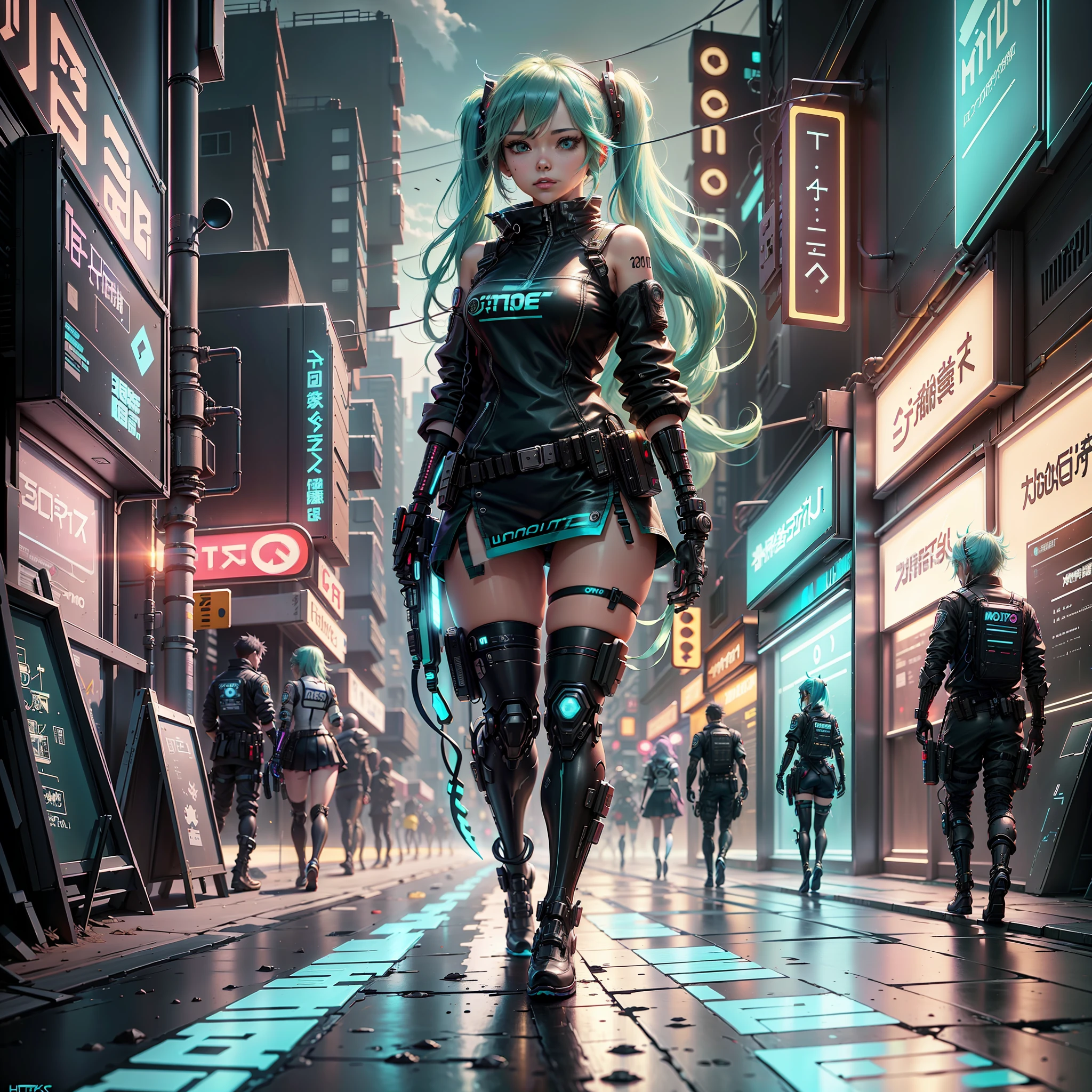 woman in police uniform walking down a street, Hatsune Miku cosplay, female cyberpunk anime girl, cyberpunk anime, cyberpunk anime girl, anime cosplay, cyberpunk girl, anime girl in real life, cyberpunk streets in, cyberpunk style, cyberpunk outfit, has cyberpunk style, oppai cyberpunk, full cosplay --auto --s2