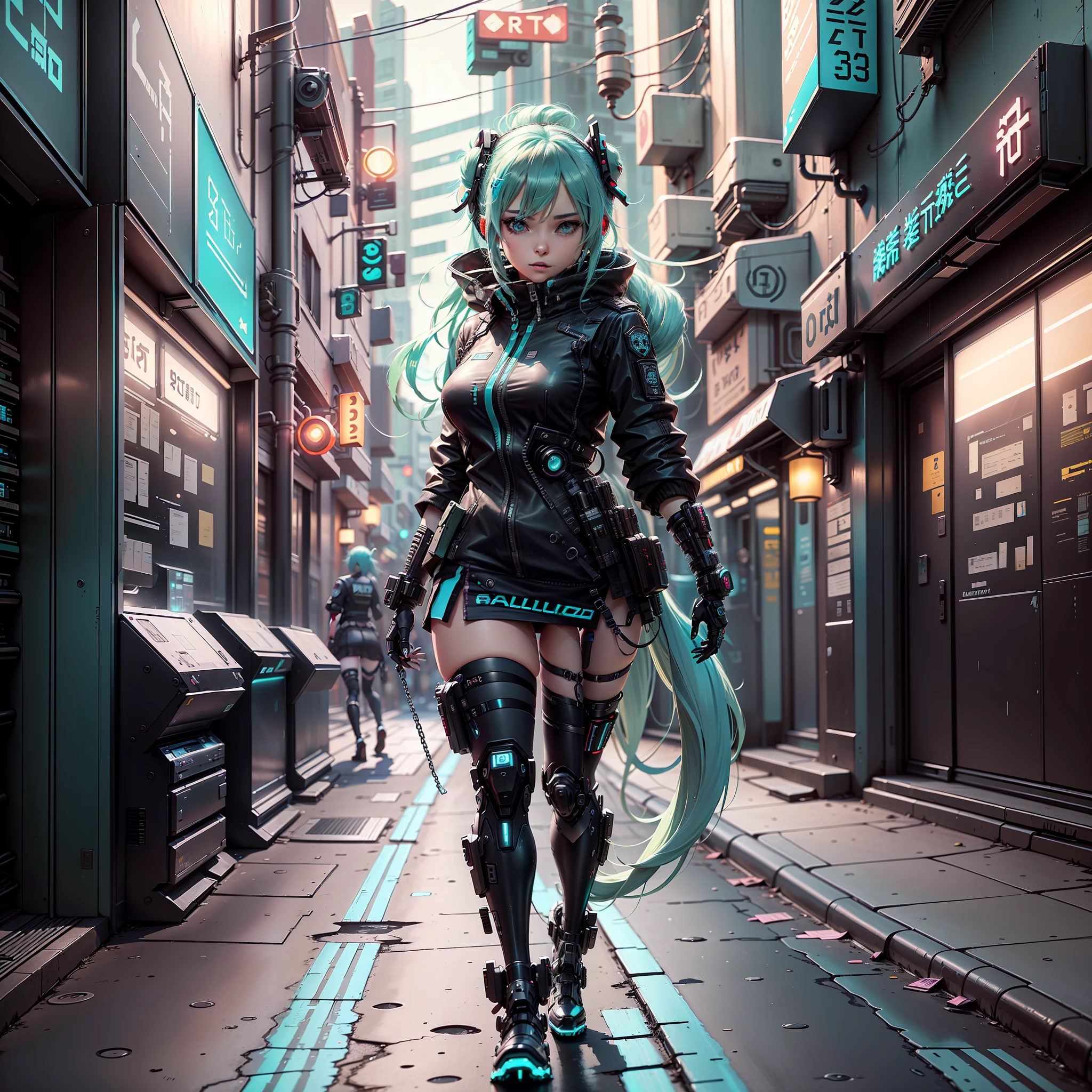 woman in police uniform walking down a street, Hatsune Miku cosplay, female cyberpunk anime girl, cyberpunk anime, cyberpunk anime girl, anime cosplay, cyberpunk girl, anime girl in real life, cyberpunk streets in, cyberpunk style, cyberpunk outfit, has cyberpunk style, oppai cyberpunk, full cosplay --auto --s2