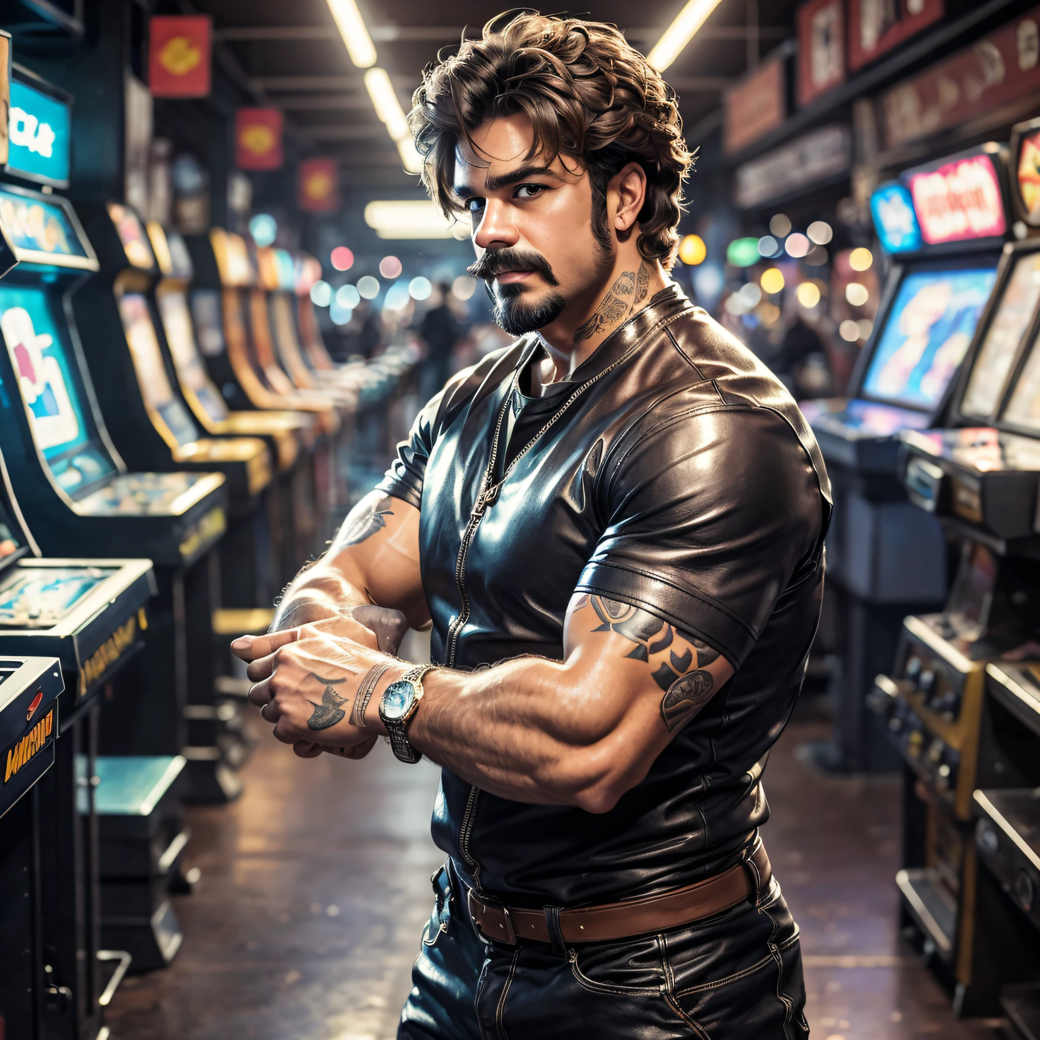 (Highest quality, amazing details: 1.8), masterpiece, original characters, natural volumetric lighting and best shadows, ultra-detailed, best quality, ultra high resolution, professional lighting, photon mapping, radiosity, physically-based rendering, cinematic lighting, deep depth of field, sharp focus, portrait of 45 year old man muscular, bodybuilder, incredibly beautiful, full body, handsome face manly, and attractive with eyes seductive browns, seductive smile, bearded hair and mustache shaggy shaggy windswept hairstyles, thick hairstyles in medium layers, thick lips parted, wearing black leather shirt, (bokeh: 1.2) pose, (messy painted body: 1.05), (background an arcade shop: 1.15), arcade (standing with hands in pocket: 1.2), short hair, ((blush)), overexposure --auto --s2