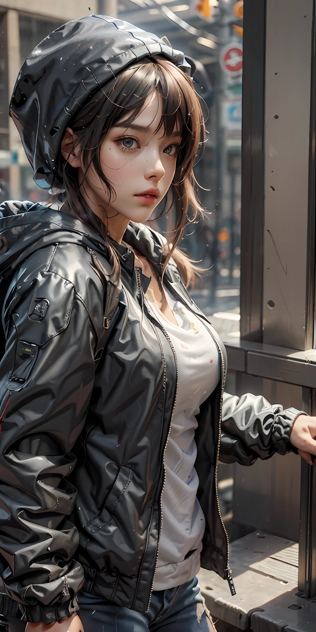 Best Quality Realistic 1 Girl, Rain, Super Big Breasts Jacket, Outdoor, Hoodie, Open Jacket, Chain, Backpack, Looking at Others, Messy Hair, 8K Ultra HD, Very Fine, Anatomically Accurate, Clear Image, Concept Art, Digital Painting, Shinkai Makoto Style, ArtStation Trend, Pixiv Trend.