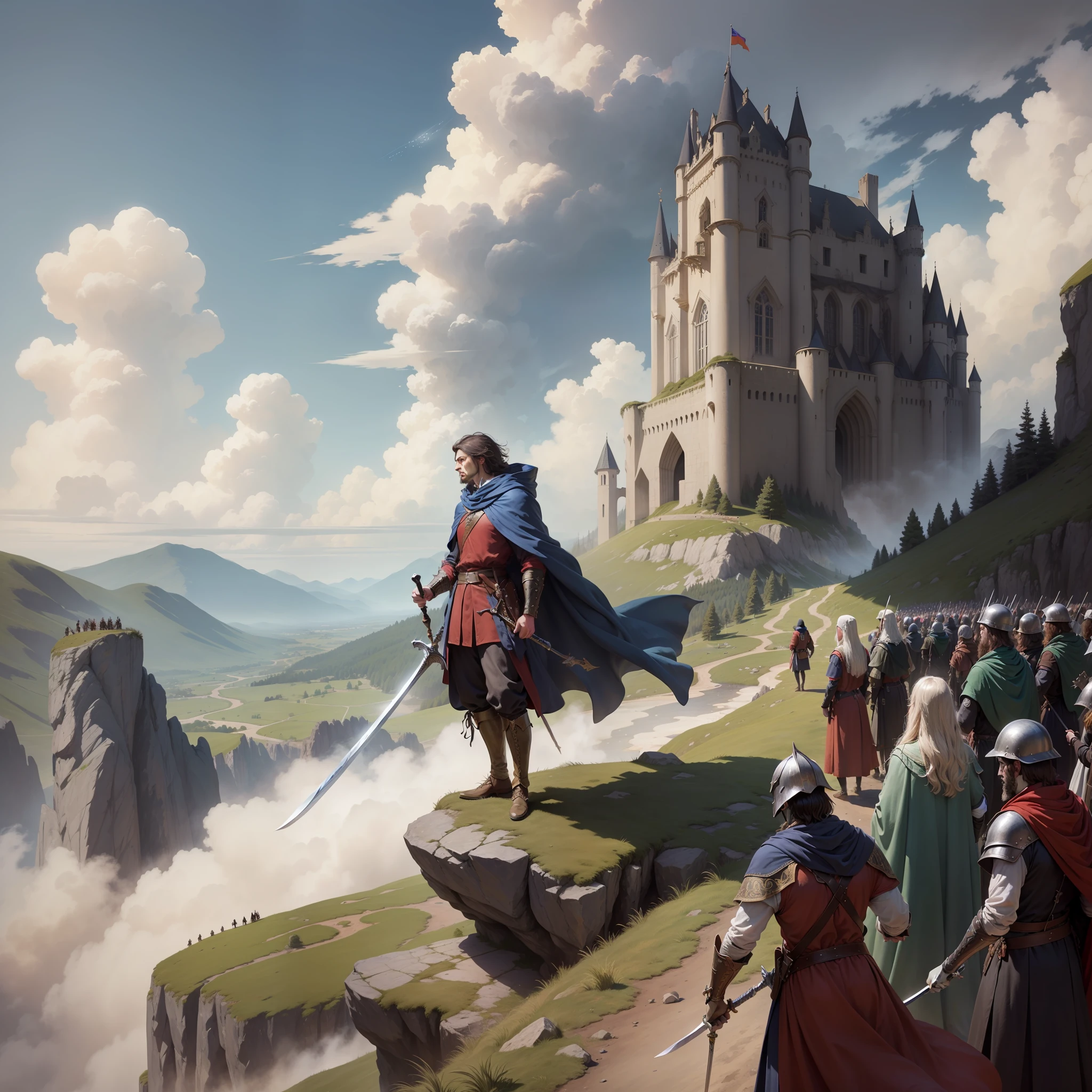 In the European Middle Ages, a man standing on a hillside rock with a sword in the sky, wearing a cloak, followed by a dense uprising revolutionary procession, bravely charged forward