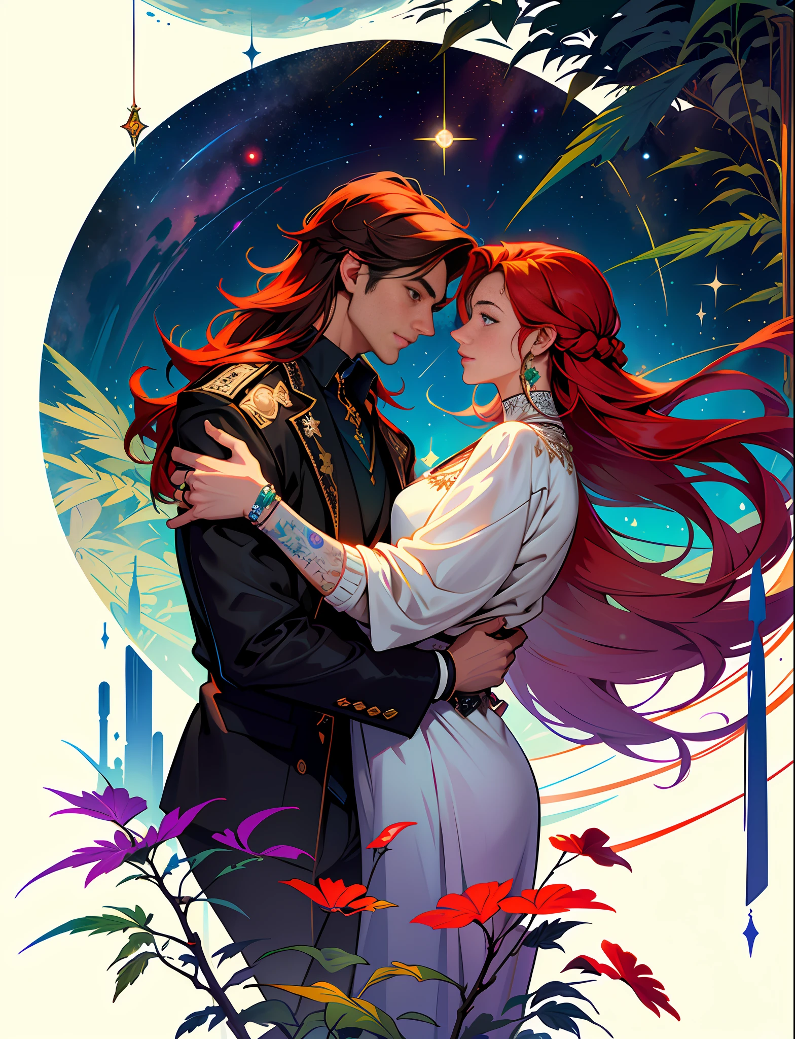 Perfect Eyes, Hemp, Leaf, Marijuana, Cannabis Bump, ((Illustration)), Colorful, Wallpaper, Energy, Unknown Horror, Secret, Magical Environment, Magical Environment, Magic Wand, Books, Pages Flying in the Sky, Omniscience, Predicting the Future, Understanding the Past, Frost Magic, Warlock, Magic Circle, Pentagram, Spells, Chant Magic, Red Hair, Long Hair, Close-Up The Most Beautiful Beautiful Woman and Man, Stylish, Fashionable, Perfect, Elegant tenderness, trendy artstation, Romance, Passion, Cool, Lovers, Lovers, Touch, Weasel from the galaxy of stars underwater, Hyperdetailed, Retrofuturistic, Abstract art, Art by Leonid Afremov, Kandinsky, Psychedelic --v 6
